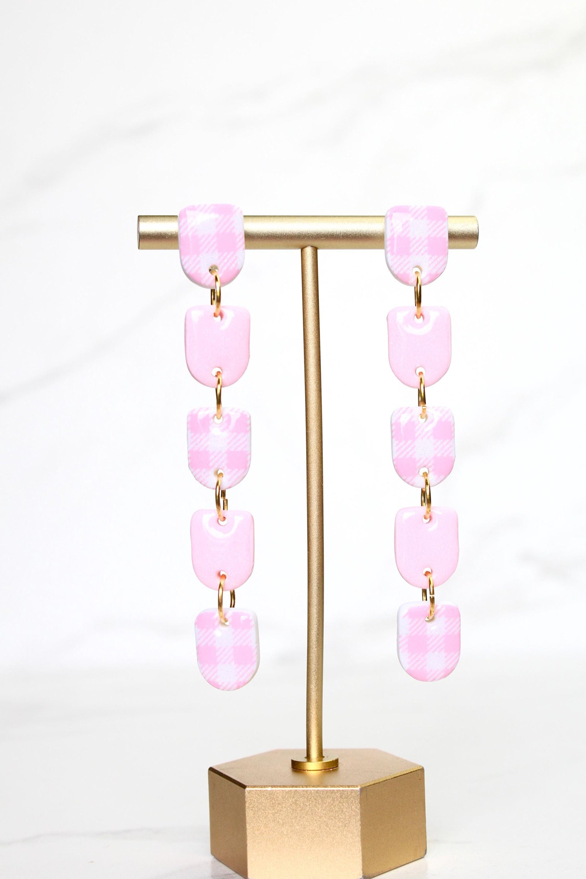 Gingham Clay Earrings in Pastel Pink | Handmade Statement Earrings | Lightweight Polymer Clay Jewelry | Summer Picnic Style