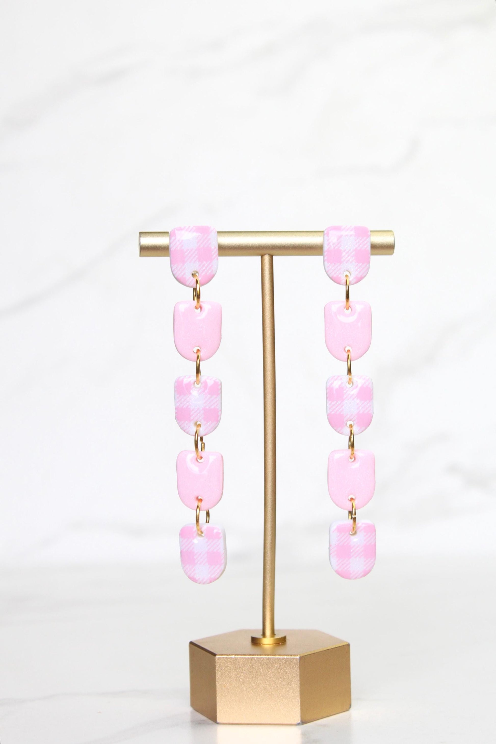 Gingham Clay Earrings in Pastel Pink | Handmade Statement Earrings | Lightweight Polymer Clay Jewelry | Summer Picnic Style