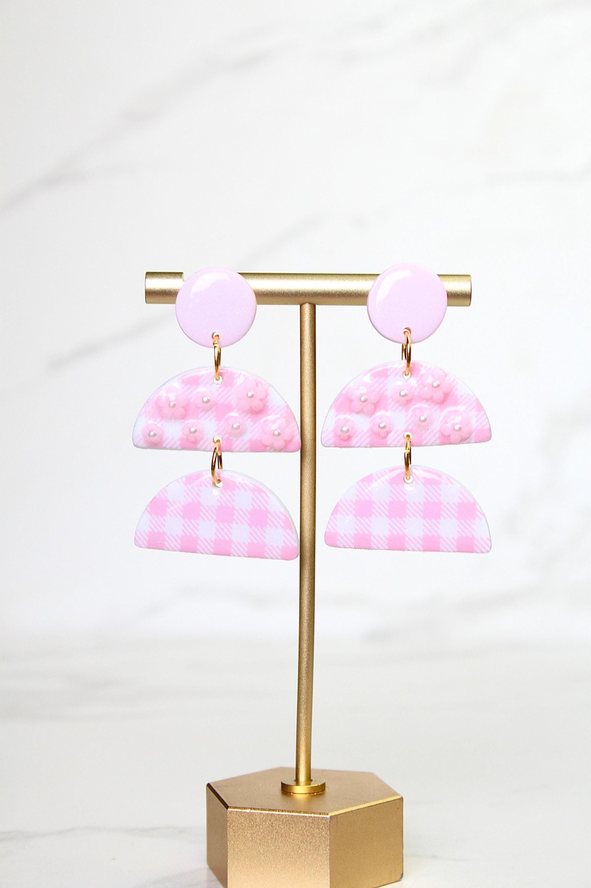 Gingham Clay Earrings in Pastel Pink | Handmade Statement Earrings | Lightweight Polymer Clay Jewelry | Summer Picnic Style
