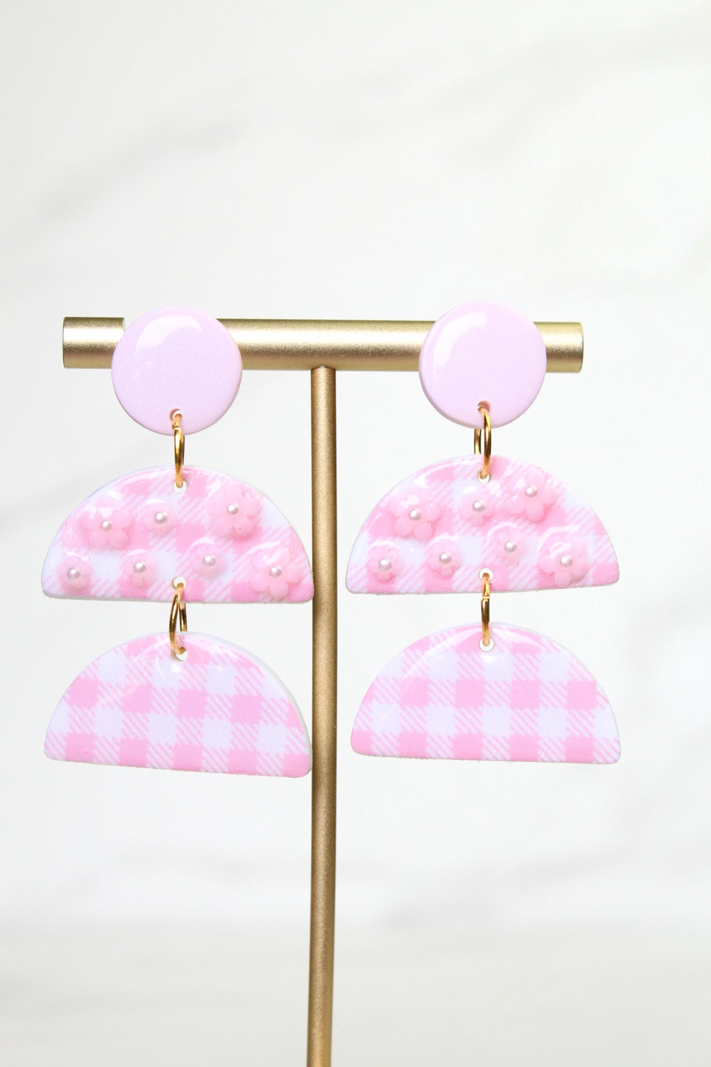 Gingham Clay Earrings in Pastel Pink | Handmade Statement Earrings | Lightweight Polymer Clay Jewelry | Summer Picnic Style