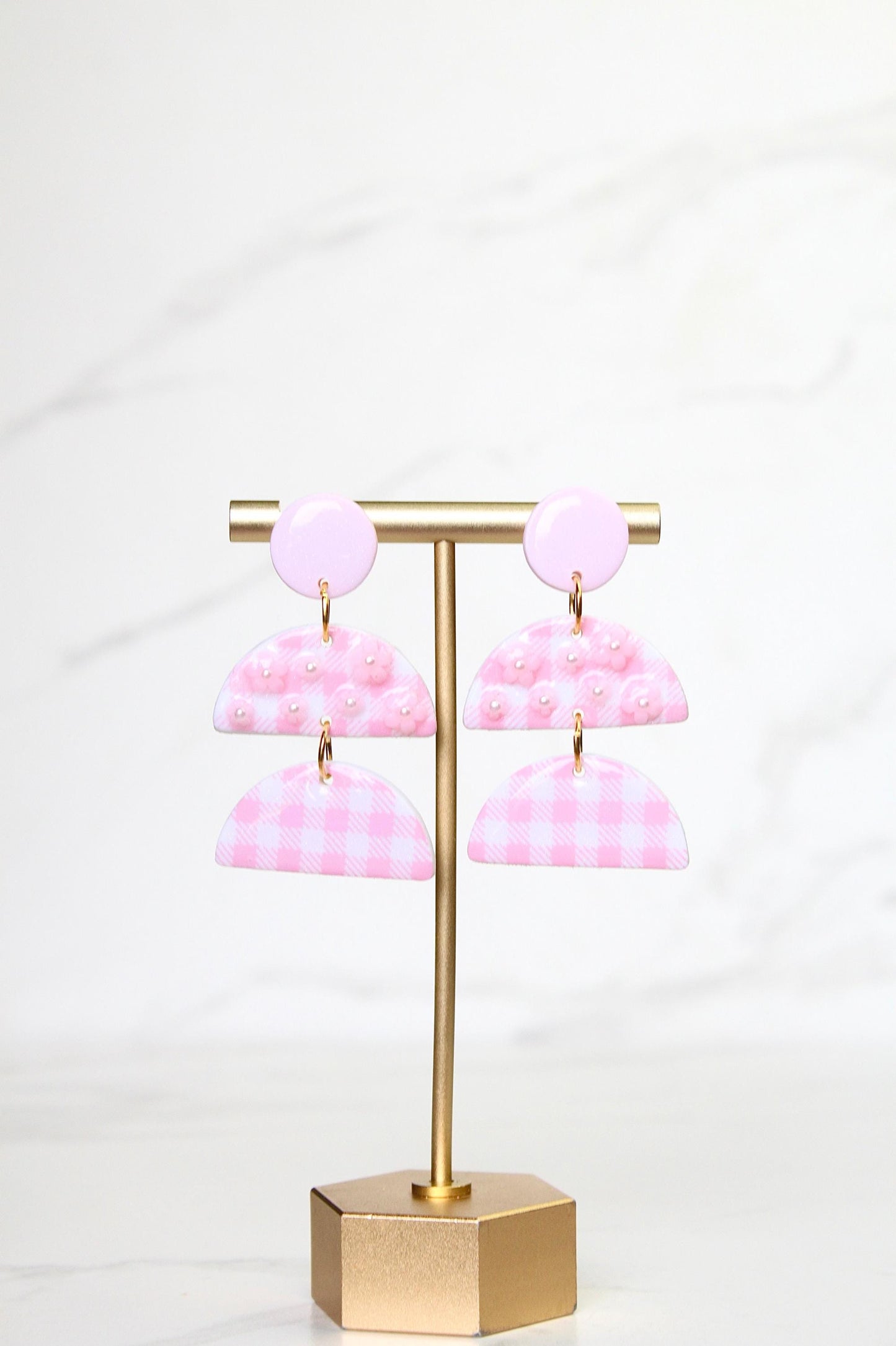 Gingham Clay Earrings in Pastel Pink | Handmade Statement Earrings | Lightweight Polymer Clay Jewelry | Summer Picnic Style