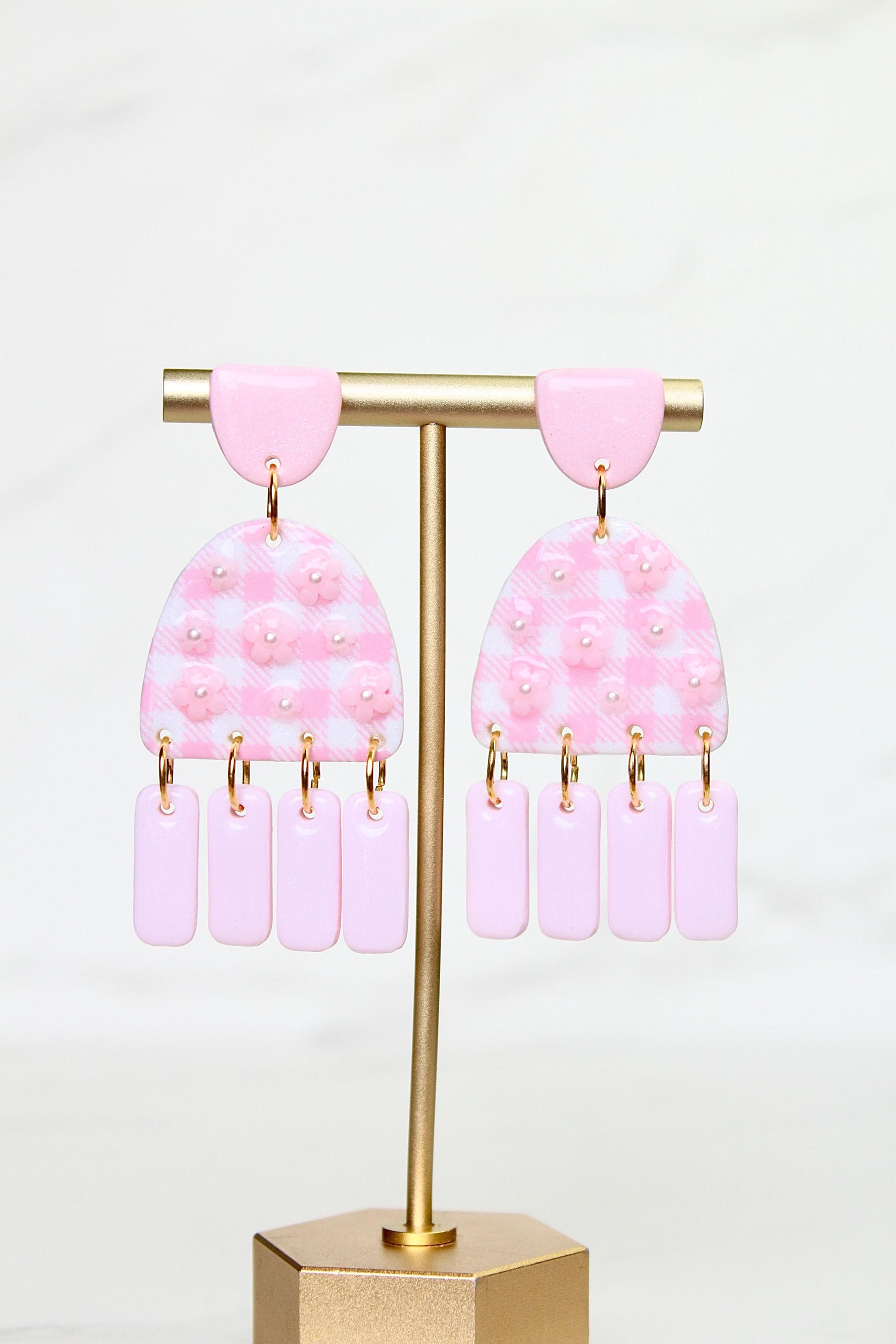 Gingham Clay Earrings in Pastel Pink | Handmade Statement Earrings | Lightweight Polymer Clay Jewelry | Summer Picnic Style