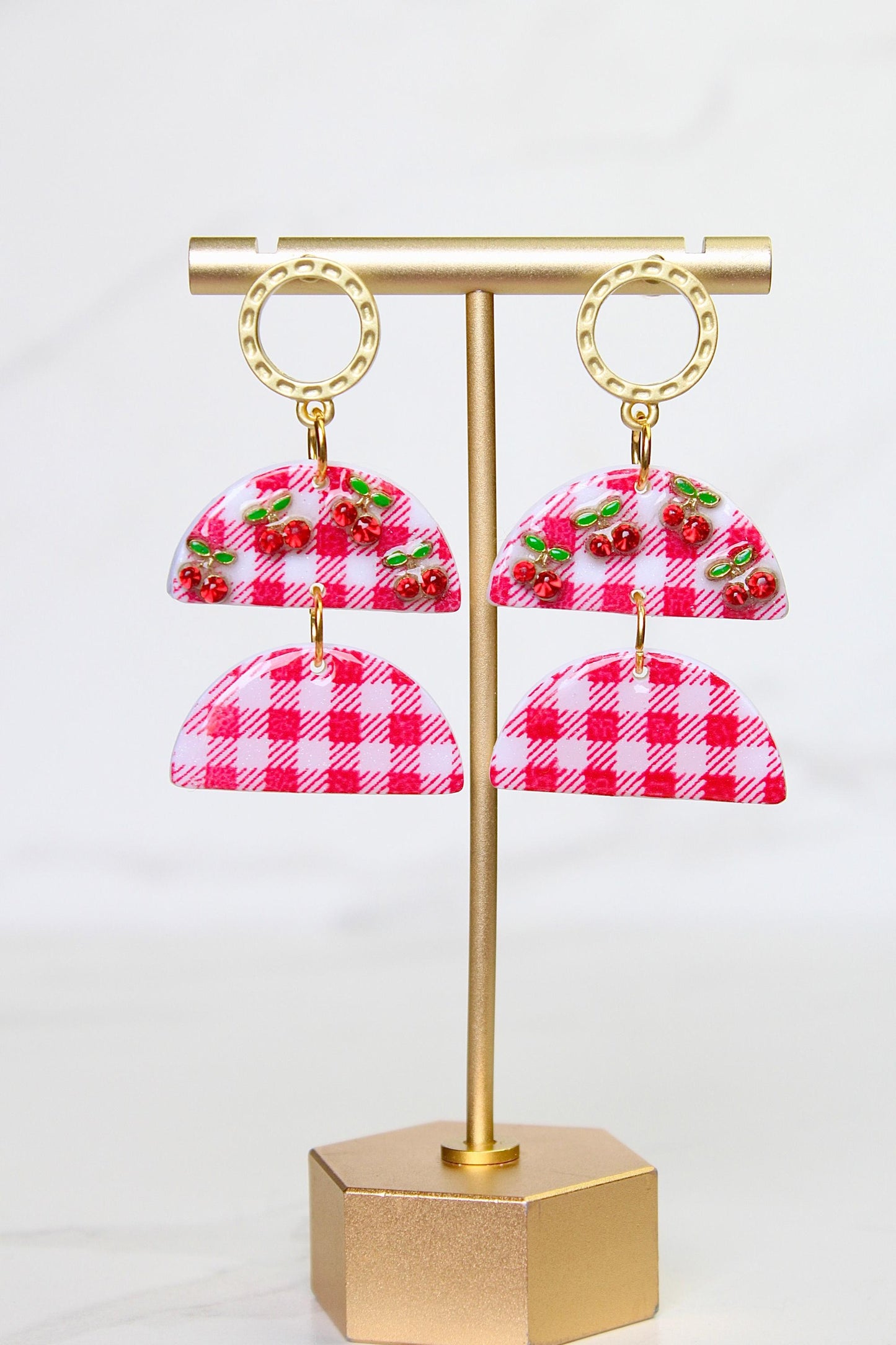Gingham Clay Earrings in Red | Handmade Statement Earrings | Lightweight Polymer Clay Jewelry | Summer Picnic Style