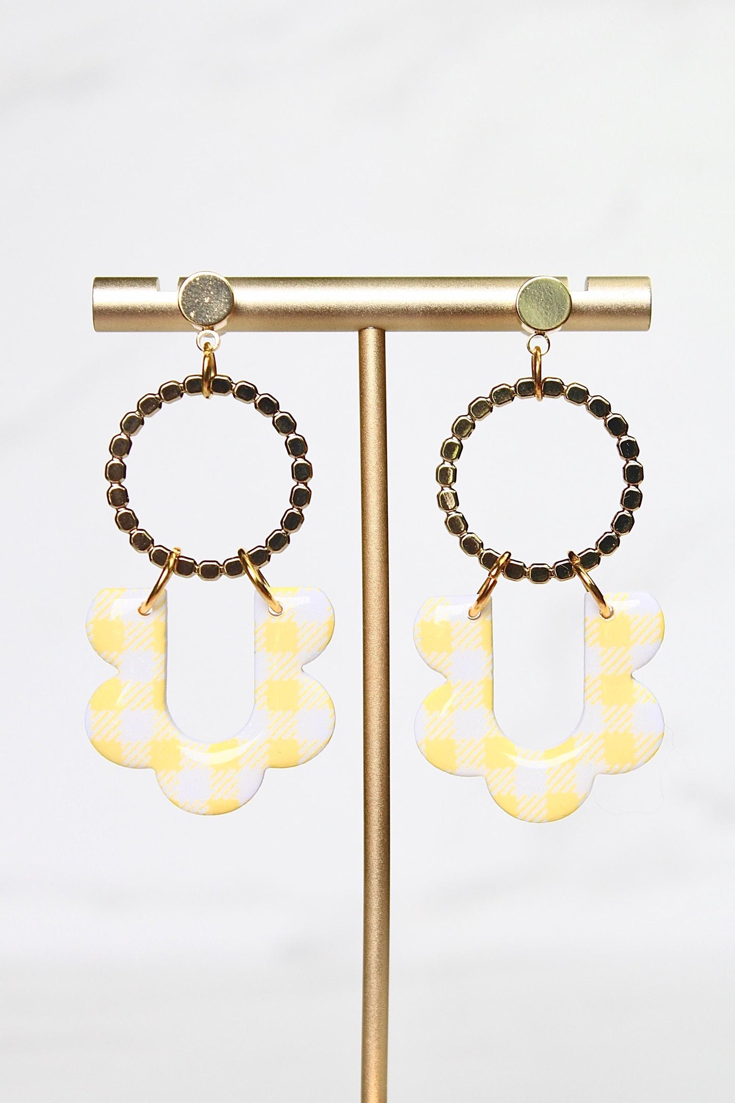 Gingham Clay Earrings in Pastel Yellow | Handmade Statement Earrings | Lightweight Polymer Clay Jewelry | Summer Picnic Style