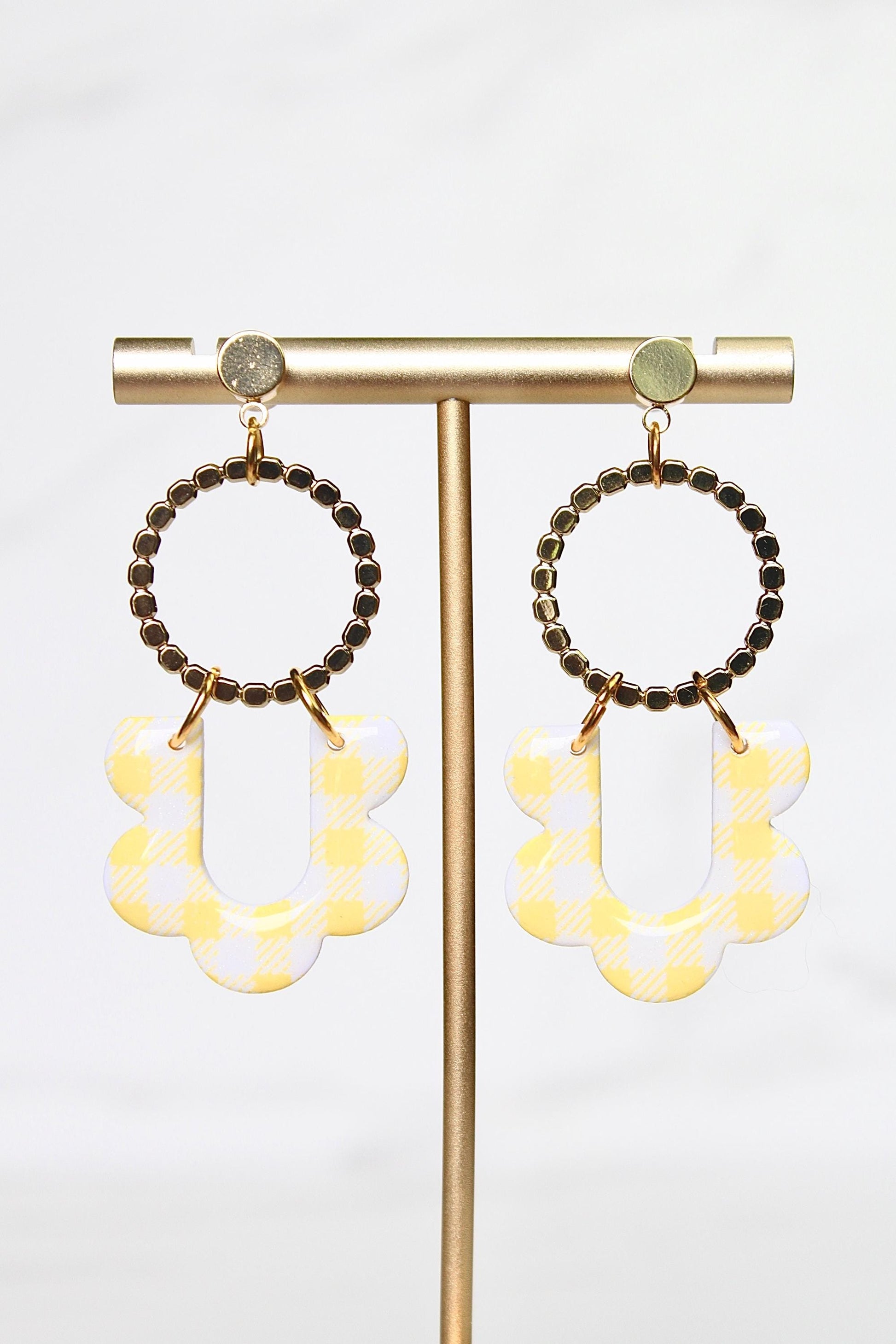 Gingham Clay Earrings in Pastel Yellow | Handmade Statement Earrings | Lightweight Polymer Clay Jewelry | Summer Picnic Style