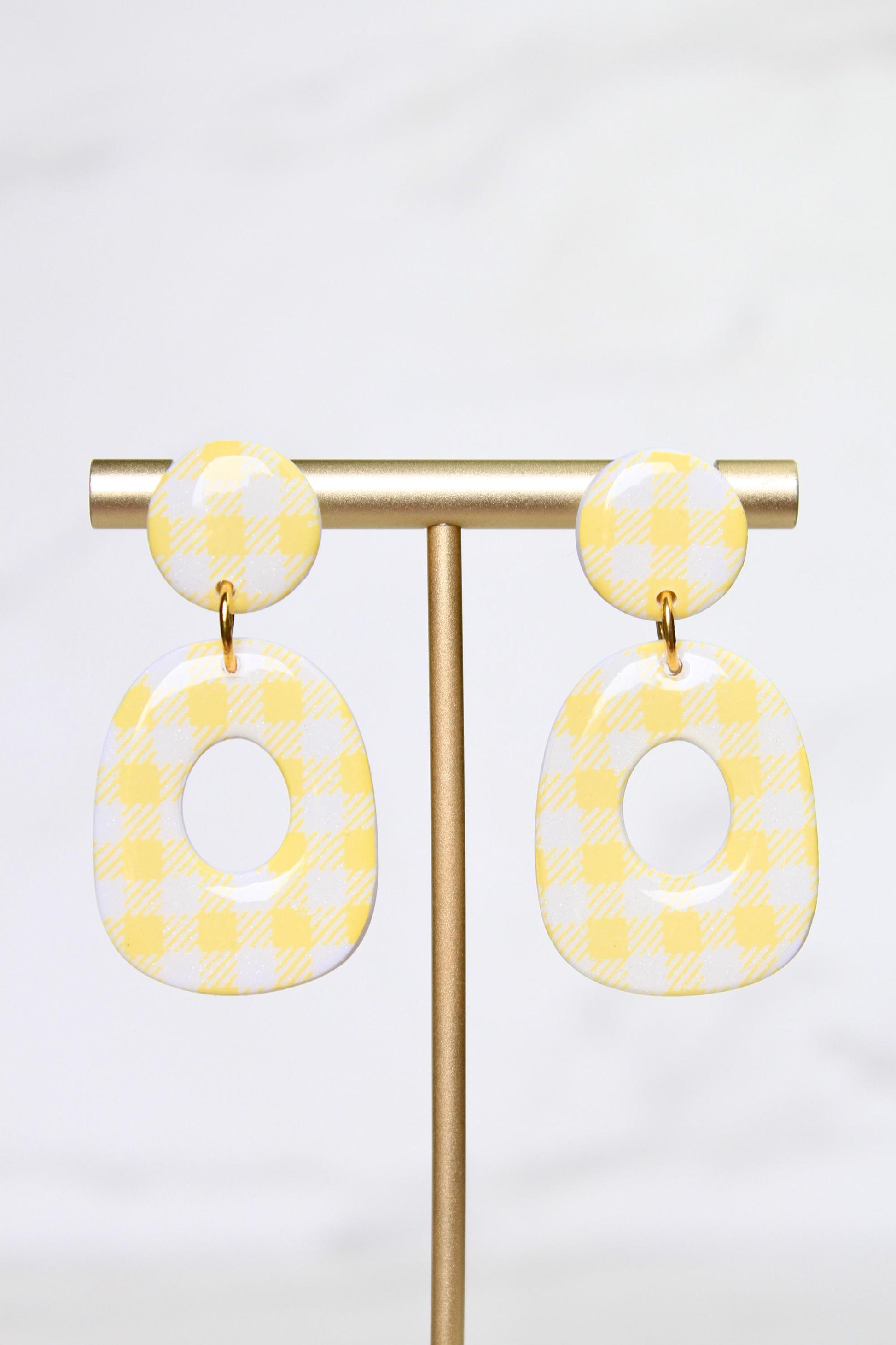 Gingham Clay Earrings in Pastel Yellow | Handmade Statement Earrings | Lightweight Polymer Clay Jewelry | Summer Picnic Style