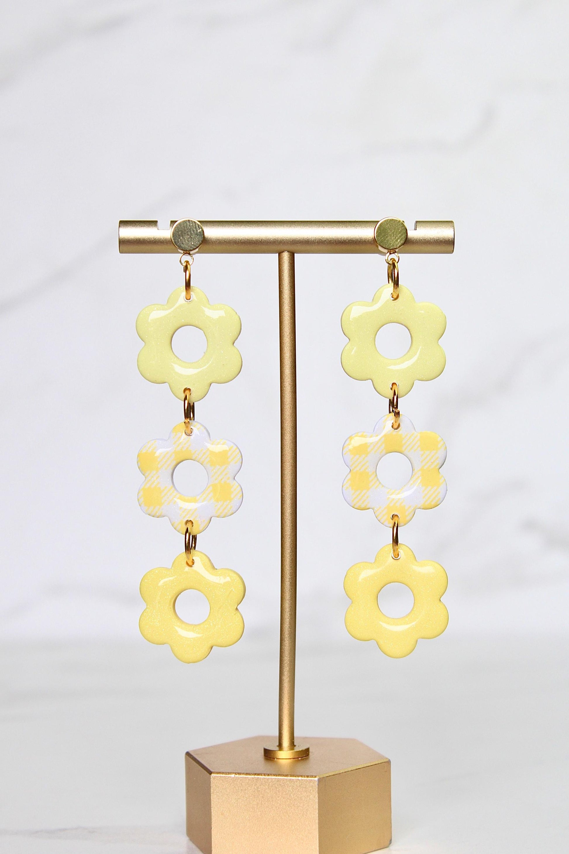 Gingham Clay Earrings in Pastel Yellow | Handmade Statement Earrings | Lightweight Polymer Clay Jewelry | Summer Picnic Style