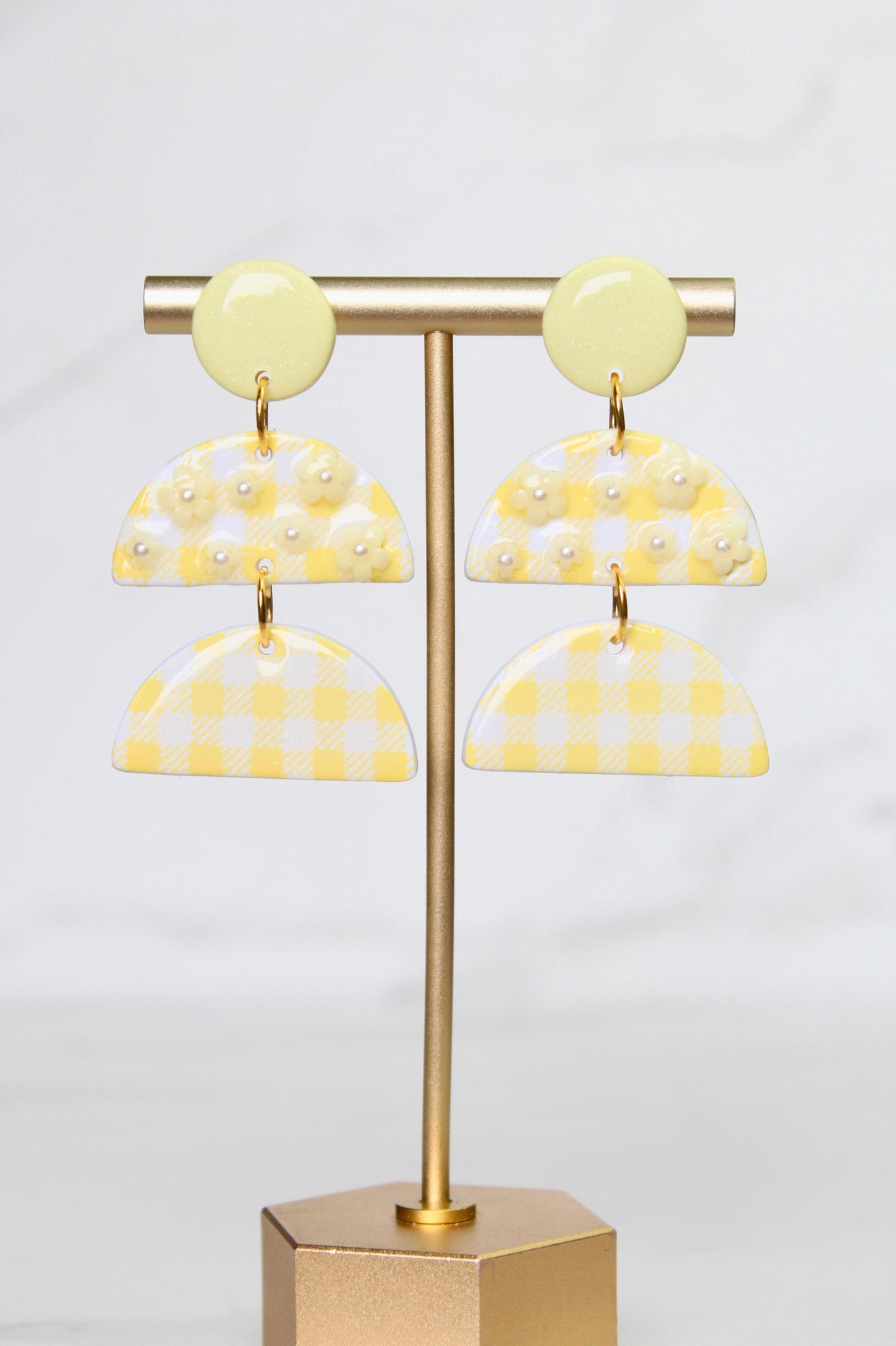 Gingham Clay Earrings in Pastel Yellow | Handmade Statement Earrings | Lightweight Polymer Clay Jewelry | Summer Picnic Style