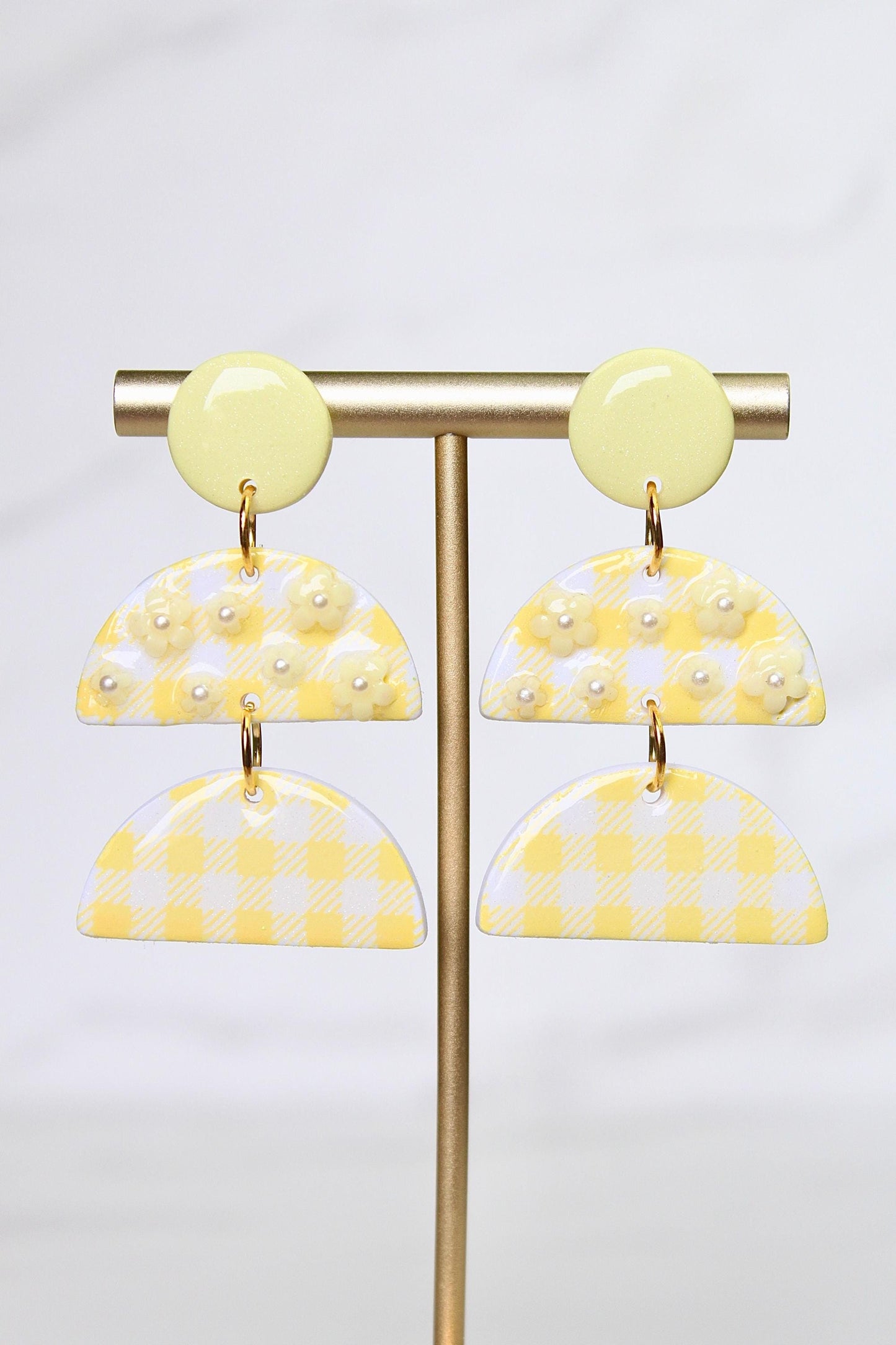 Gingham Clay Earrings in Pastel Yellow | Handmade Statement Earrings | Lightweight Polymer Clay Jewelry | Summer Picnic Style