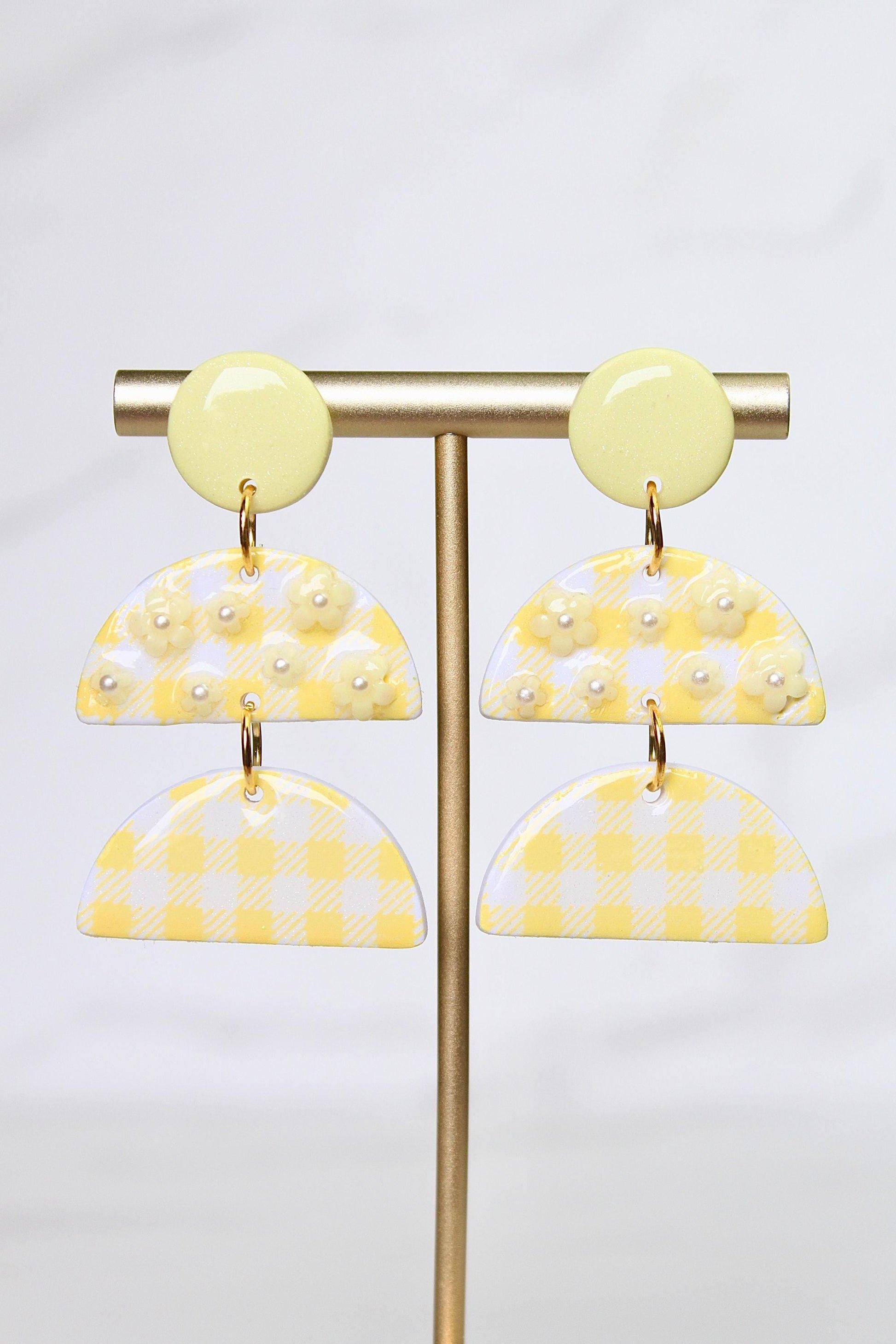 Gingham Clay Earrings in Pastel Yellow | Handmade Statement Earrings | Lightweight Polymer Clay Jewelry | Summer Picnic Style