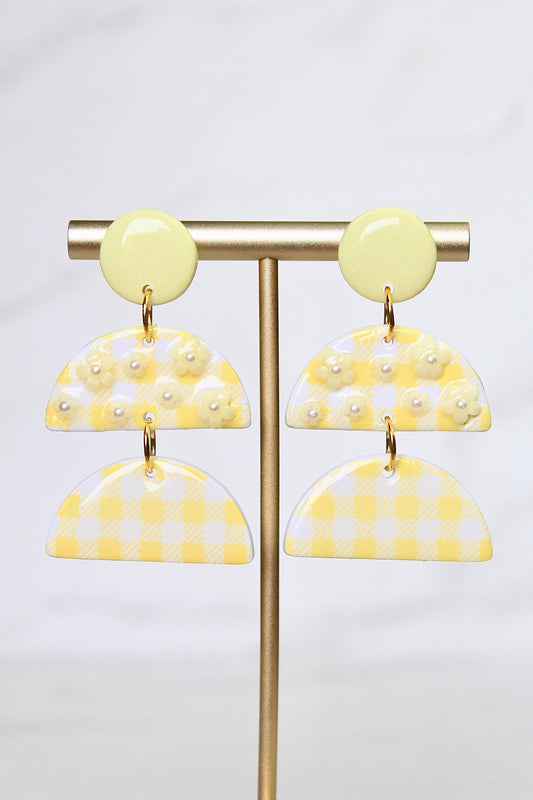 Gingham Clay Earrings in Pastel Yellow | Handmade Statement Earrings | Lightweight Polymer Clay Jewelry | Summer Picnic Style
