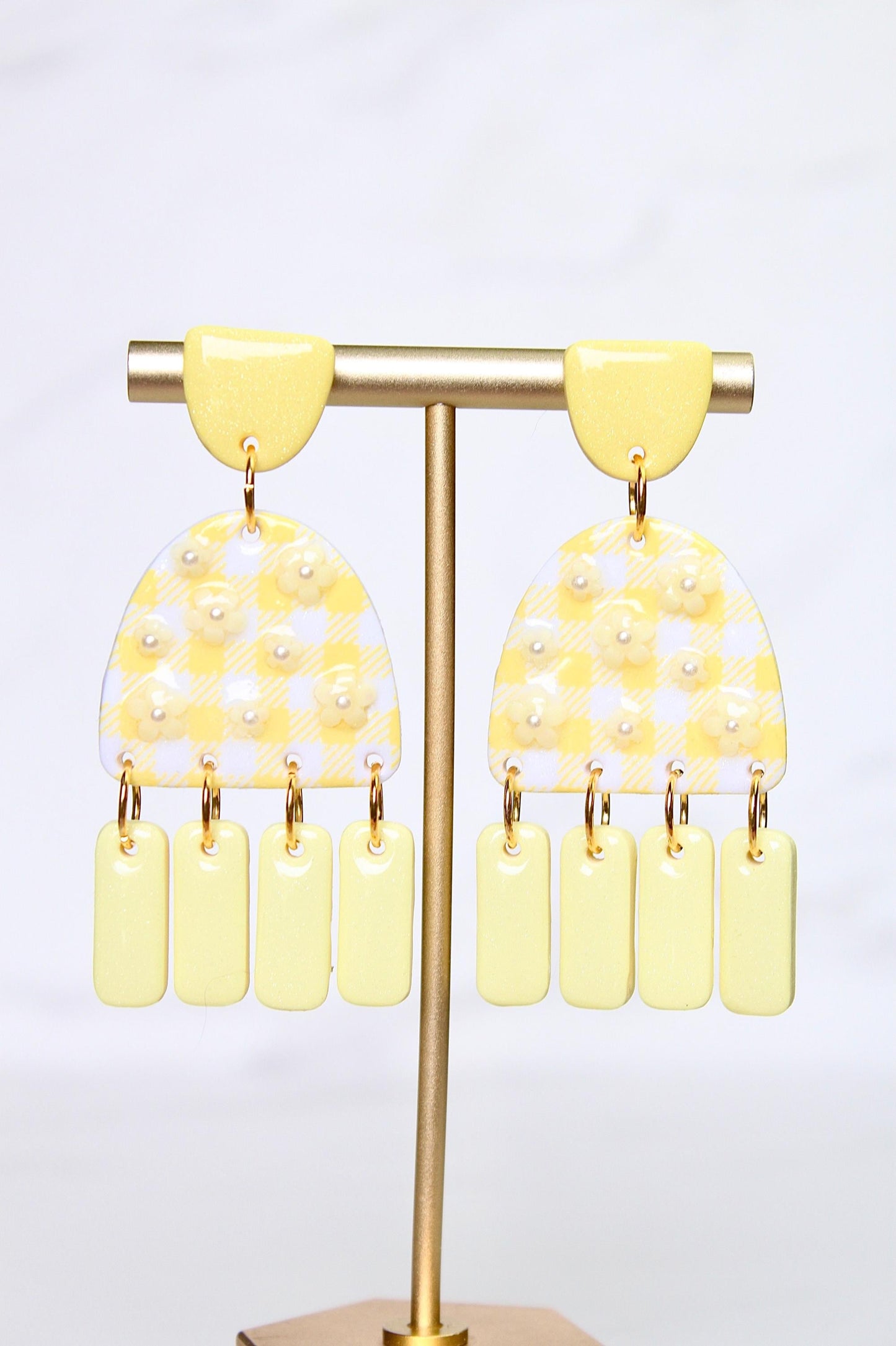 Gingham Clay Earrings in Pastel Yellow | Handmade Statement Earrings | Lightweight Polymer Clay Jewelry | Summer Picnic Style