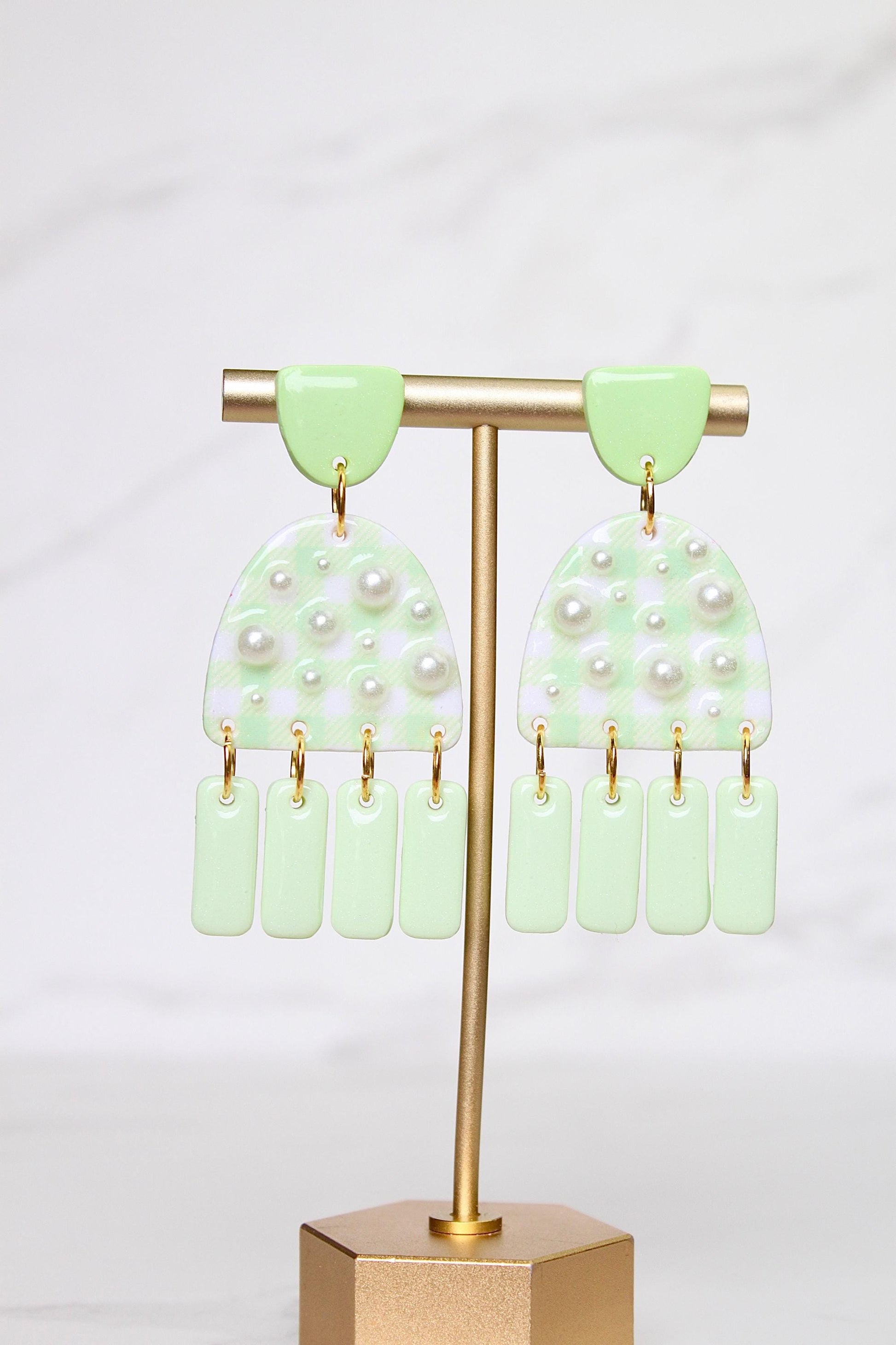 Gingham Clay Earrings in Pastel Green | Handmade Statement Earrings | Lightweight Polymer Clay Jewelry | Summer Picnic Style