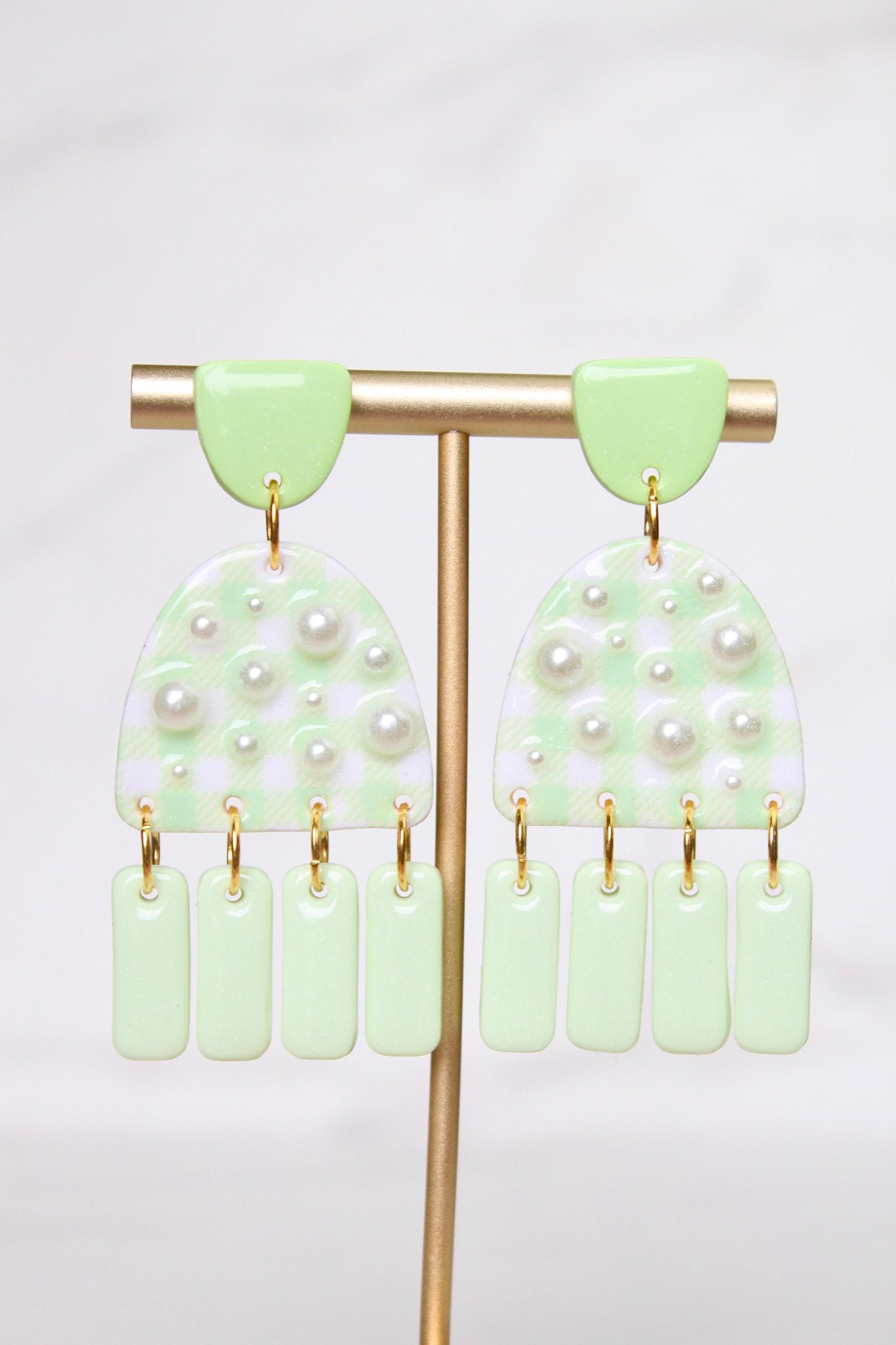 Gingham Clay Earrings in Pastel Green | Handmade Statement Earrings | Lightweight Polymer Clay Jewelry | Summer Picnic Style