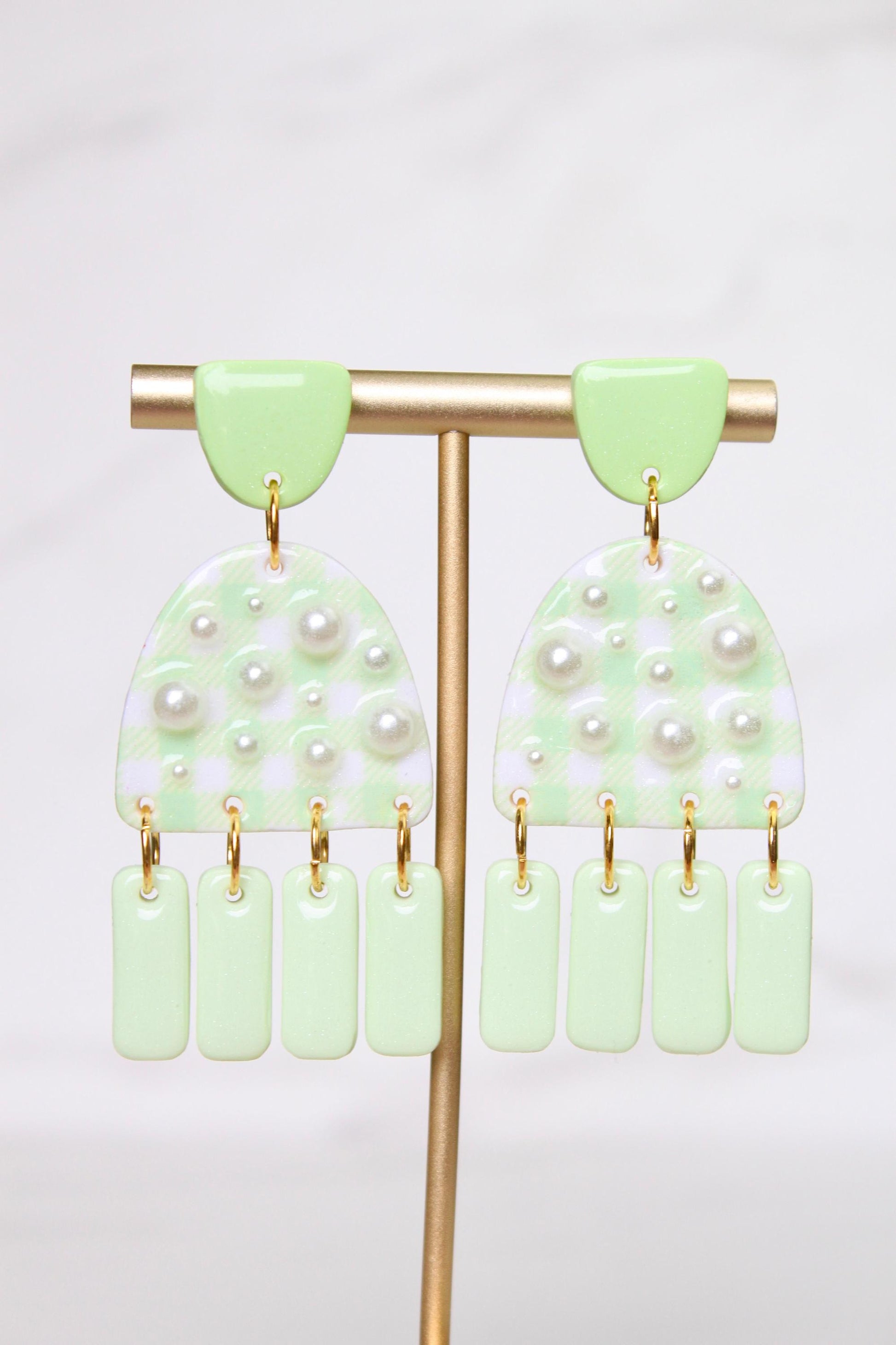 Gingham Clay Earrings in Pastel Green | Handmade Statement Earrings | Lightweight Polymer Clay Jewelry | Summer Picnic Style