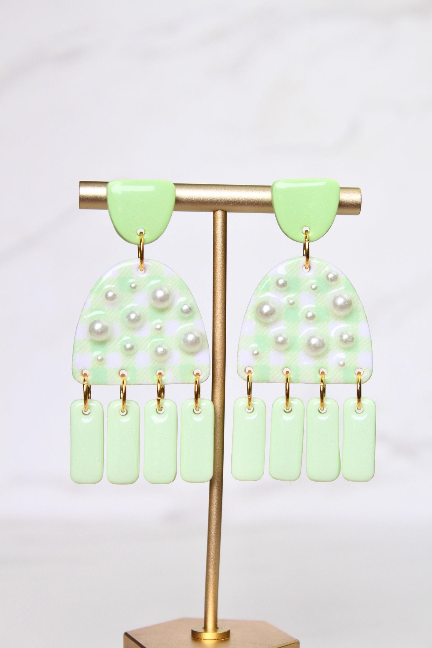 Gingham Clay Earrings in Pastel Green | Handmade Statement Earrings | Lightweight Polymer Clay Jewelry | Summer Picnic Style