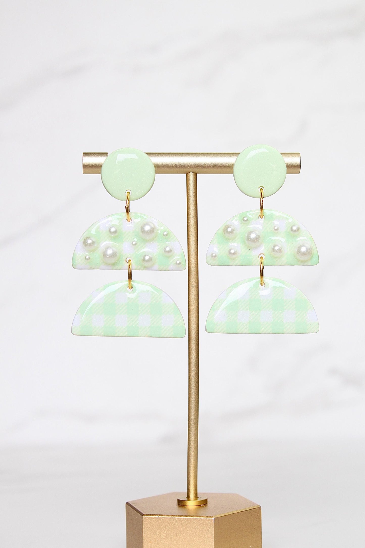 Gingham Clay Earrings in Pastel Green | Handmade Statement Earrings | Lightweight Polymer Clay Jewelry | Summer Picnic Style