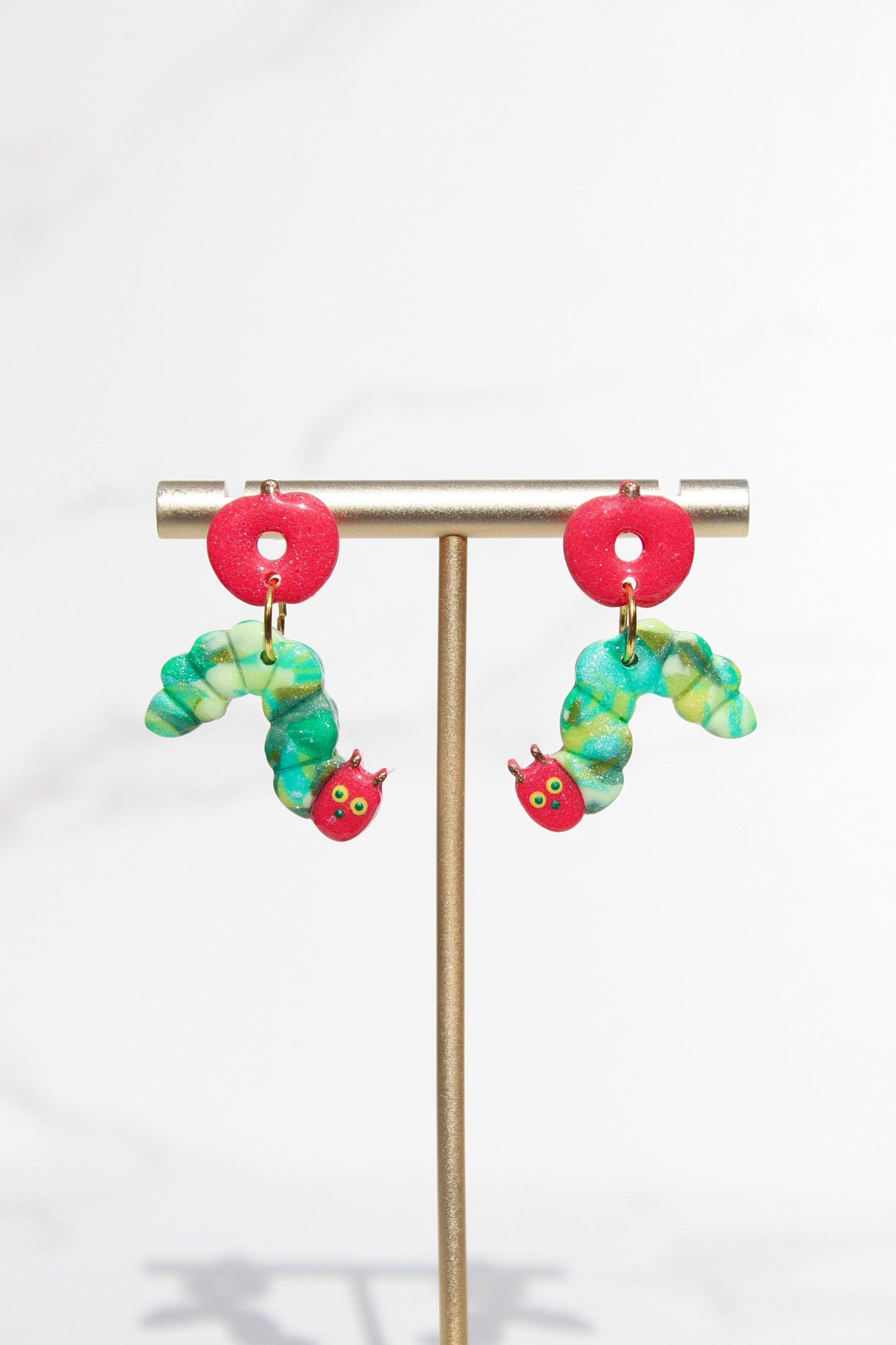 Hungry Caterpillar Clay Earrings with Apple - Back to School Teacher Jewelry