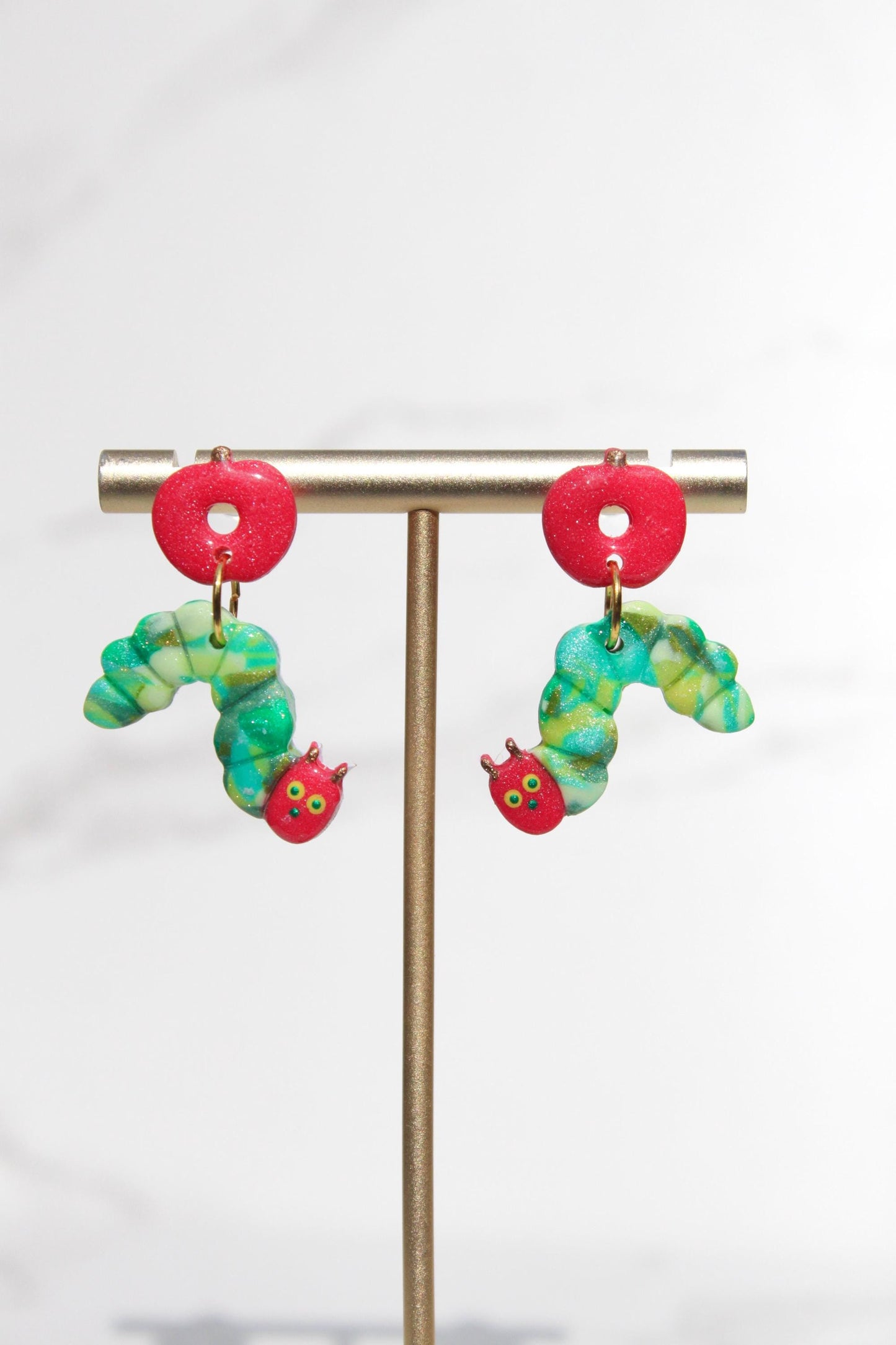 Hungry Caterpillar Clay Earrings with Apple - Back to School Teacher Jewelry