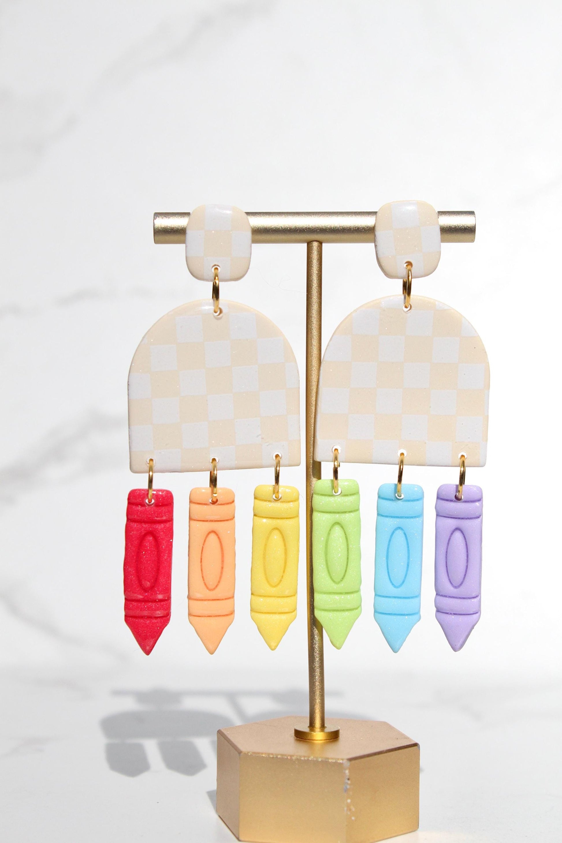 Beige Checker Clay Earrings with Crayon Dangles - Teacher Back to School