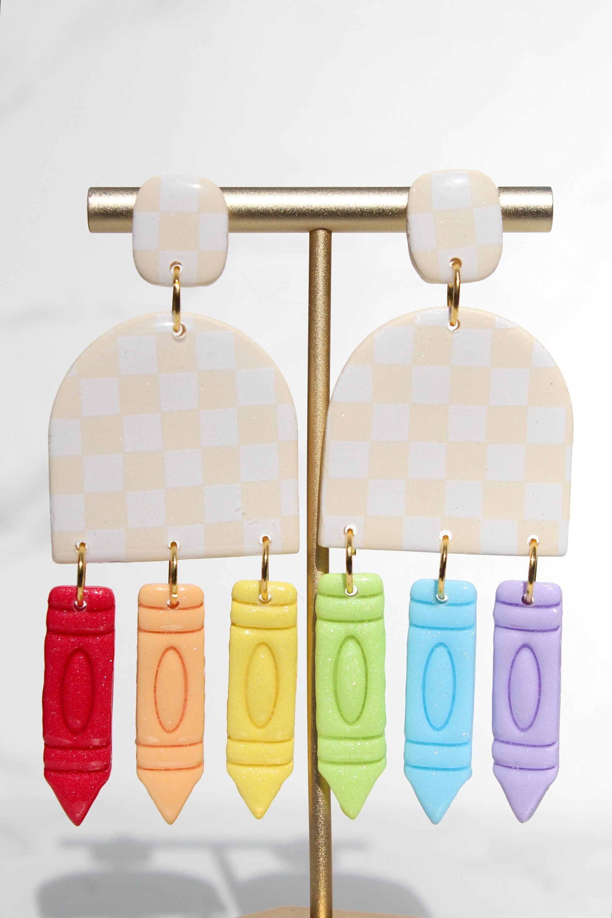 Beige Checker Clay Earrings with Crayon Dangles - Teacher Back to School
