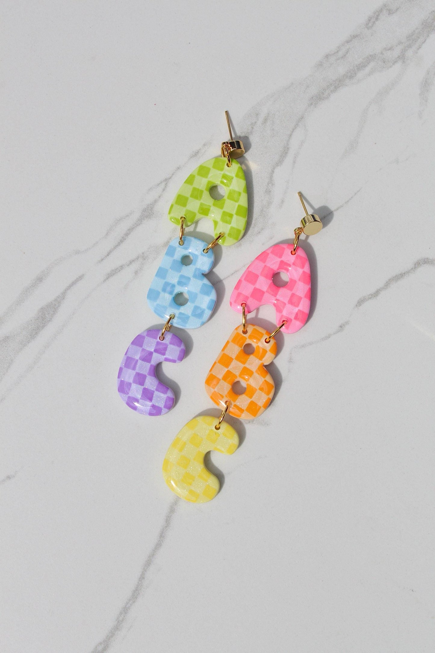 ABC Rainbow Checkered Clay Earrings – Back to School Teacher Statement Jewelry | Colorful Polymer Clay Alphabet Earrings