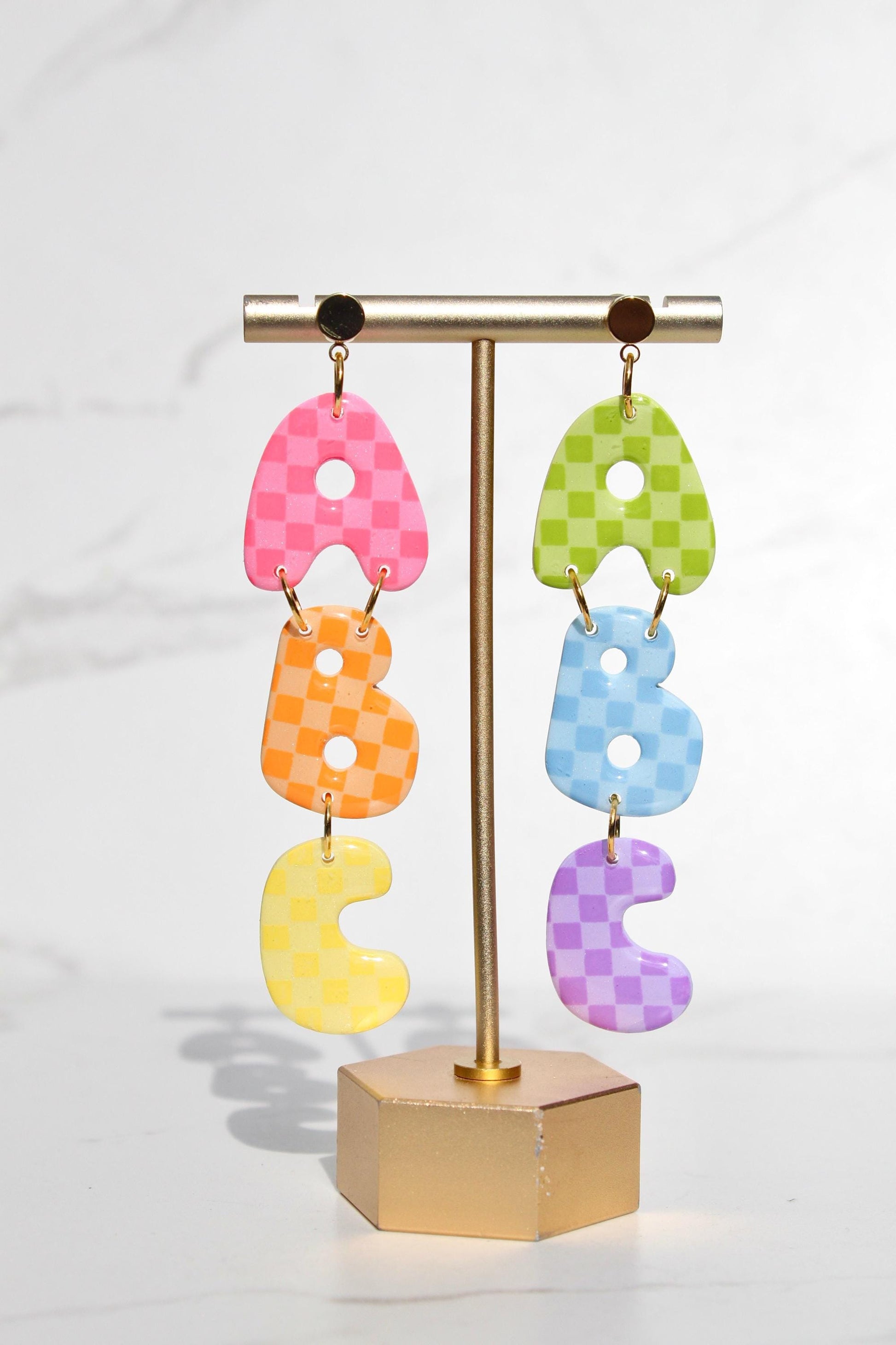 ABC Rainbow Checkered Clay Earrings – Back to School Teacher Statement Jewelry | Colorful Polymer Clay Alphabet Earrings