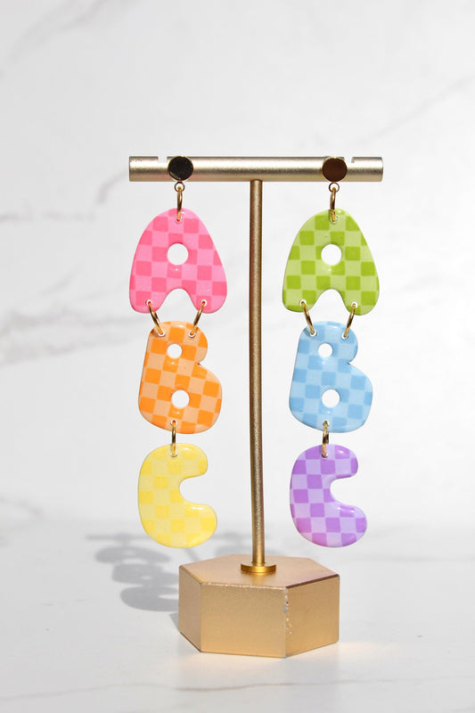 ABC Rainbow Checkered Clay Earrings – Back to School Teacher Statement Jewelry | Colorful Polymer Clay Alphabet Earrings