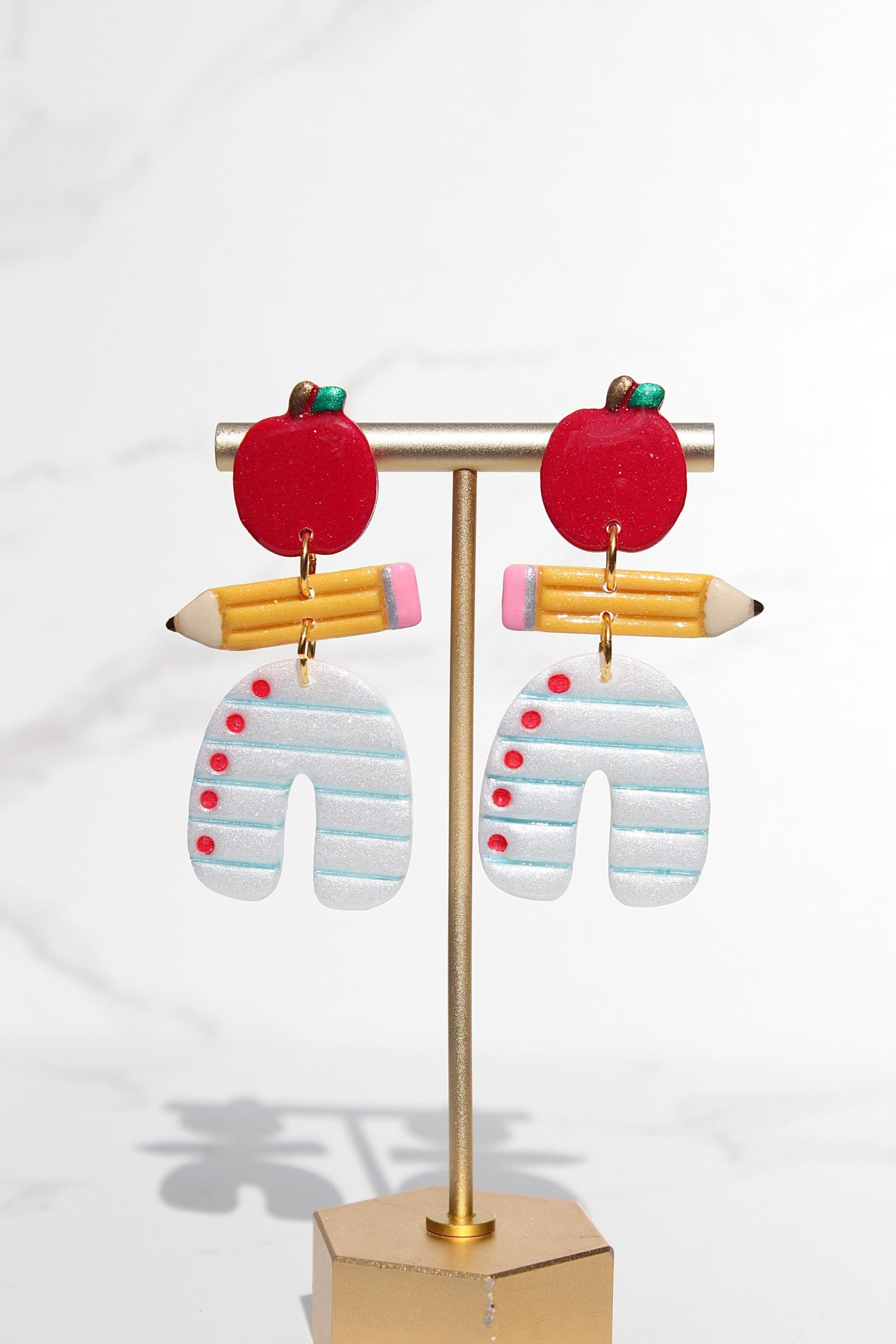 Teacher Earrings – Clay Statement Dangles for Back to School | Apple, Pencil & Paper Motif | Gift for Teachers and Students