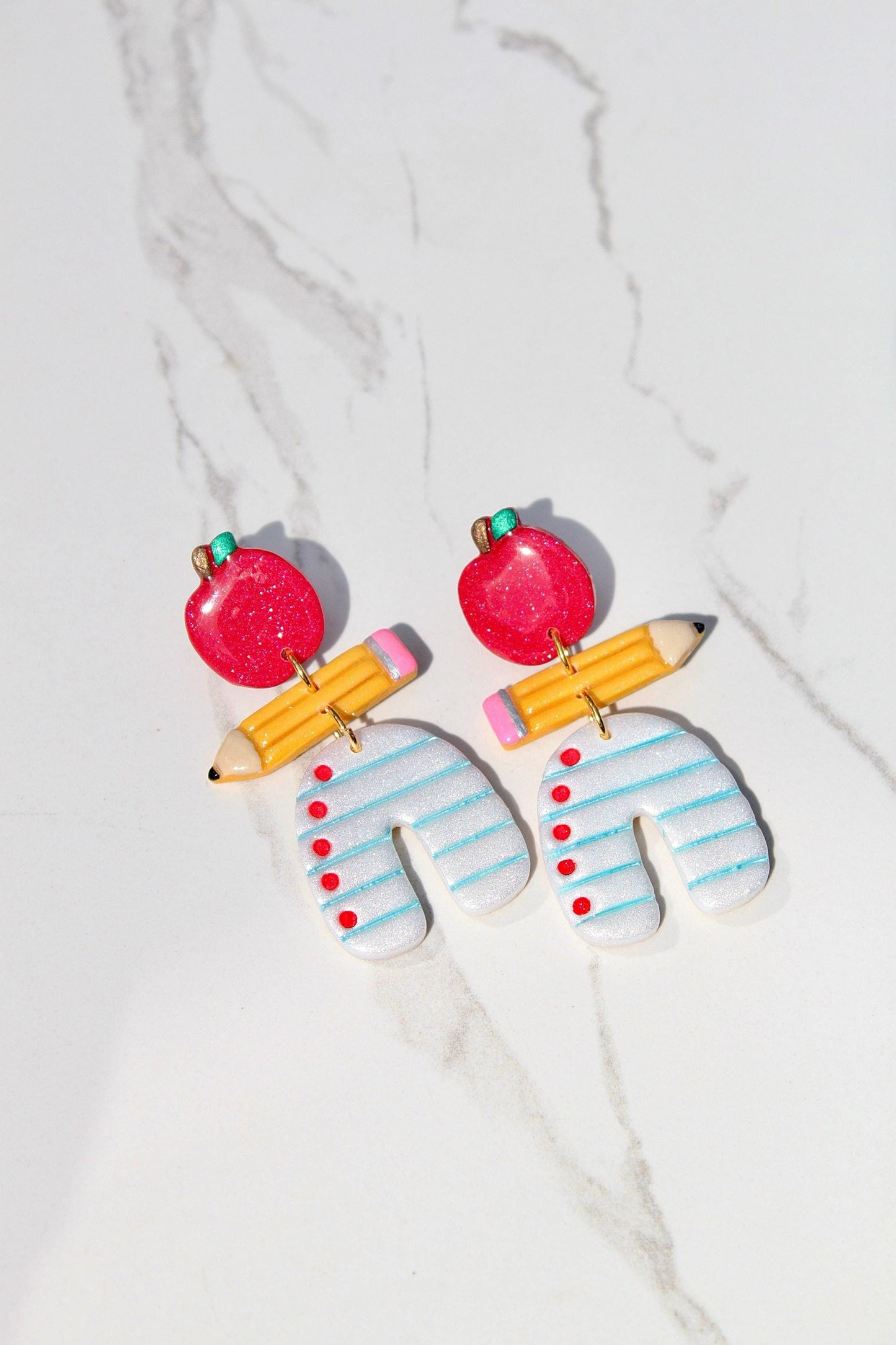 Teacher Earrings – Clay Statement Dangles for Back to School | Apple, Pencil & Paper Motif | Gift for Teachers and Students