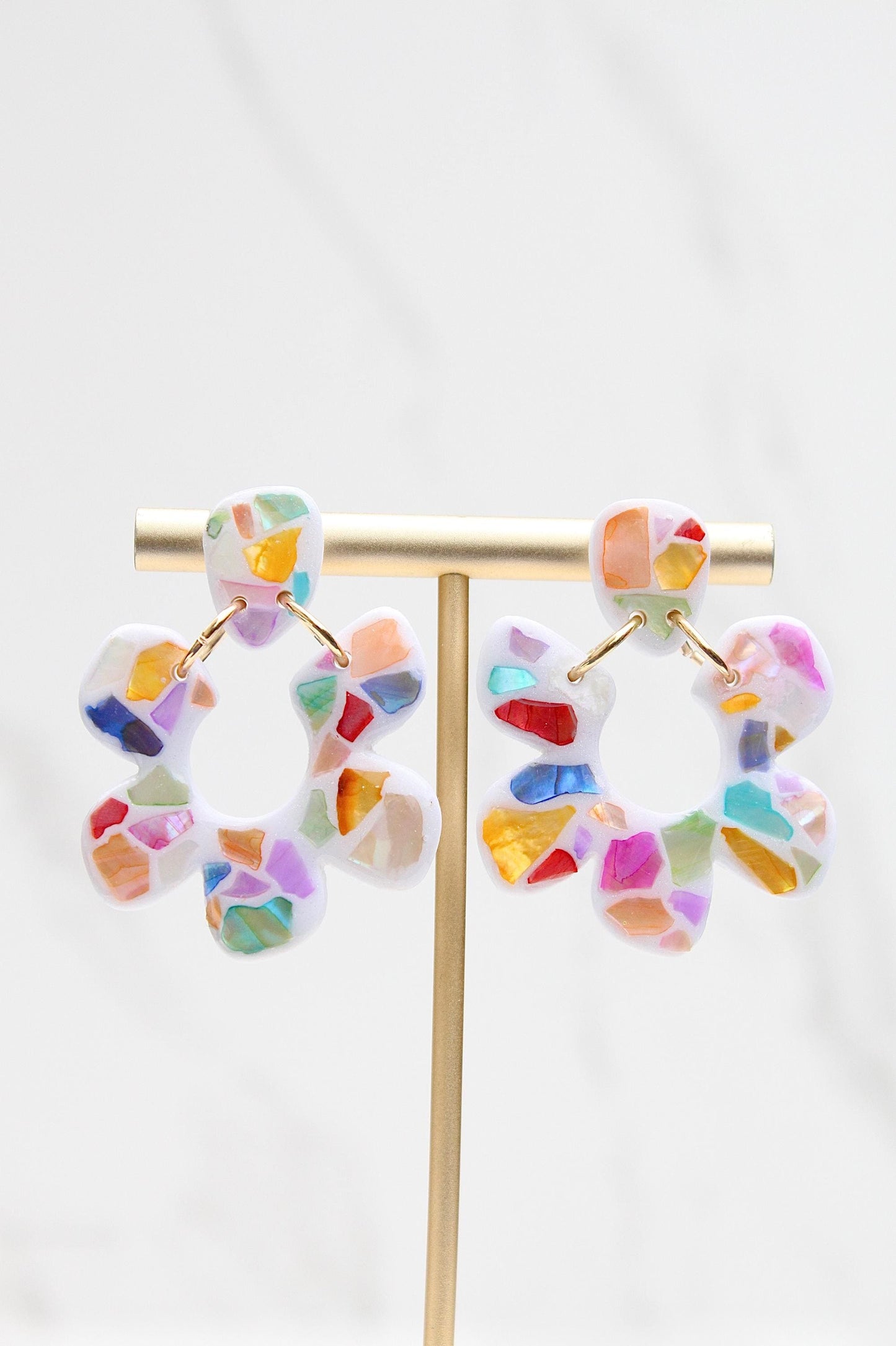 Handmade Mosaic Shell Earrings – Polymer Clay Statement Jewelry in Vibrant Coastal Colors - Clay Earrings