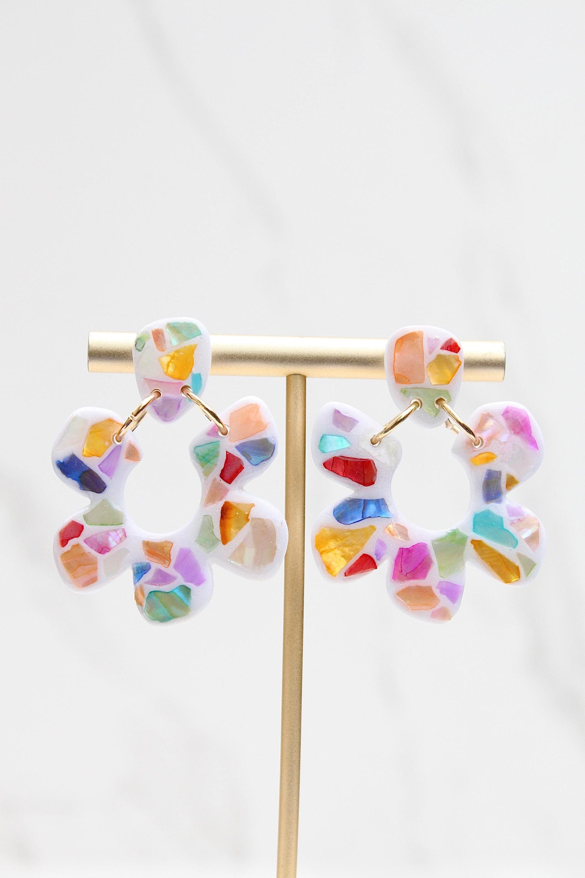 Handmade Mosaic Shell Earrings – Polymer Clay Statement Jewelry in Vibrant Coastal Colors - Clay Earrings