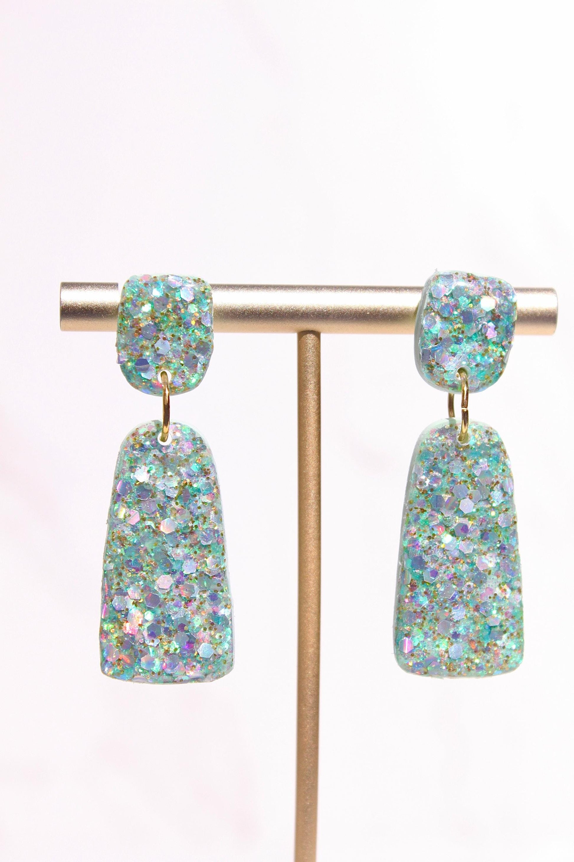 Glitter Clay Earrings in Mint Green | Handmade Lightweight Statement Earrings | Sparkly Polymer Clay Jewelry | Party & Everyday Style