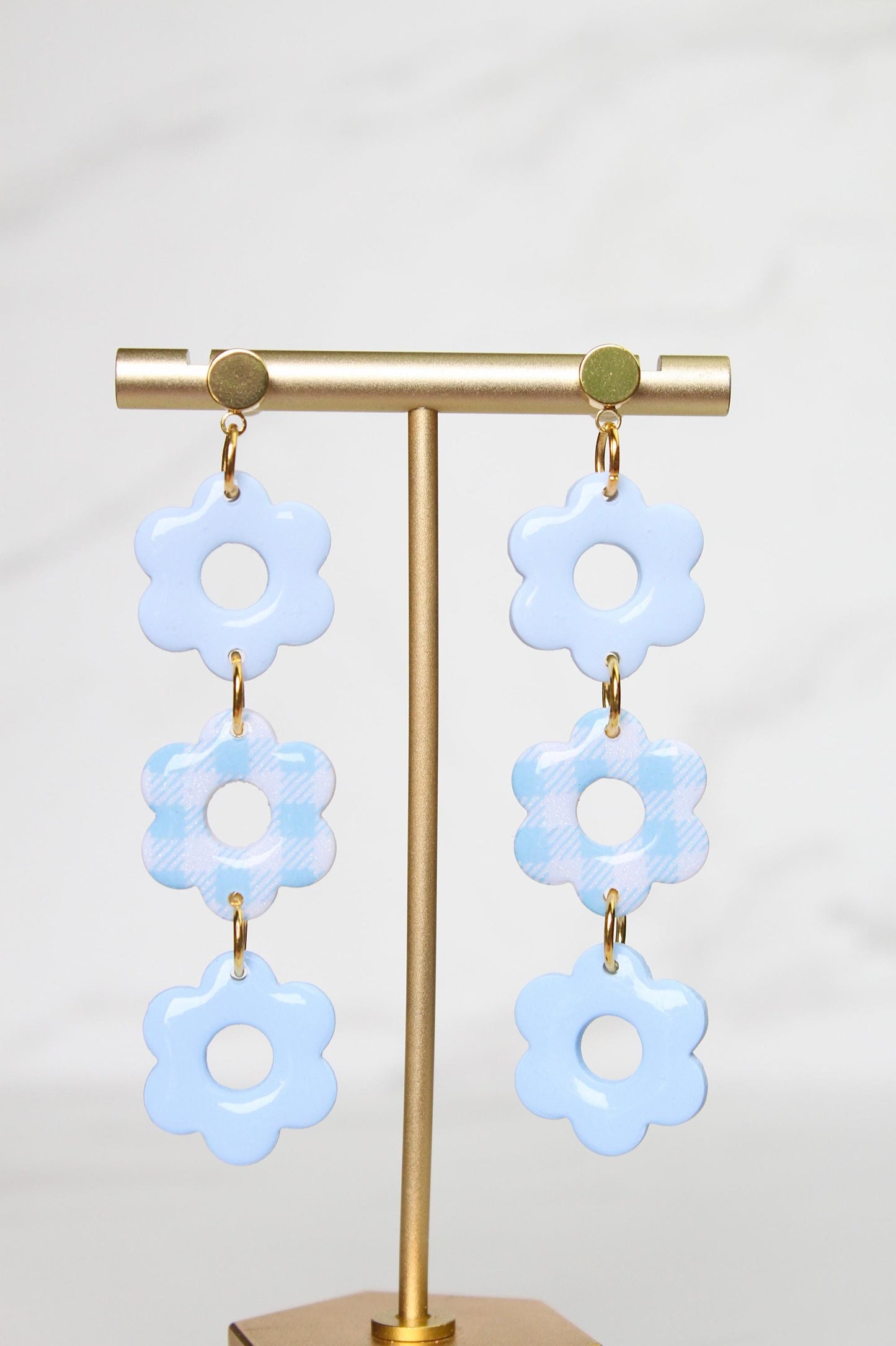 Gingham Clay Earrings in Pastel Blue | Handmade Statement Earrings | Lightweight Polymer Clay Jewelry | Summer Picnic Style