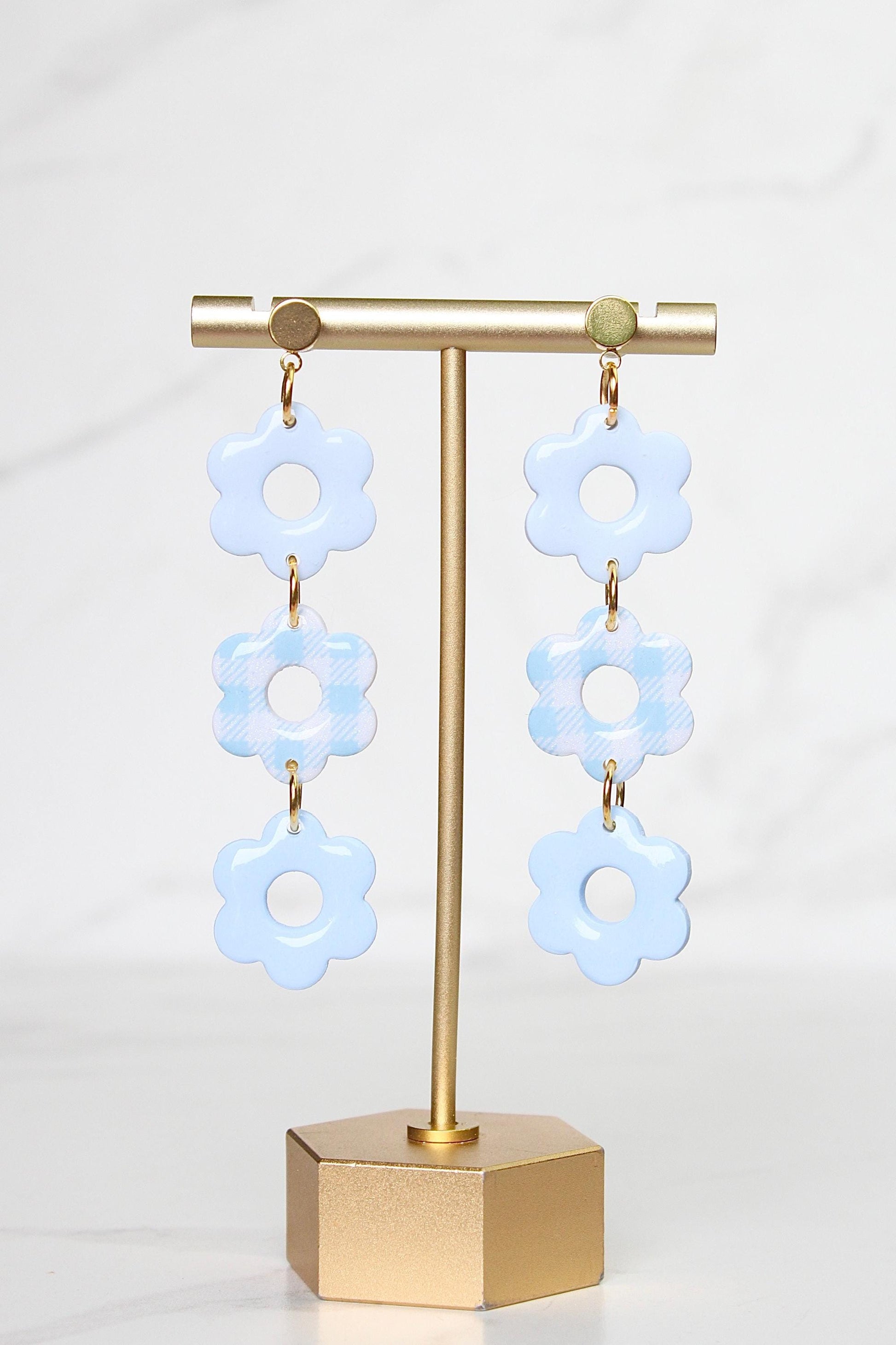 Gingham Clay Earrings in Pastel Blue | Handmade Statement Earrings | Lightweight Polymer Clay Jewelry | Summer Picnic Style