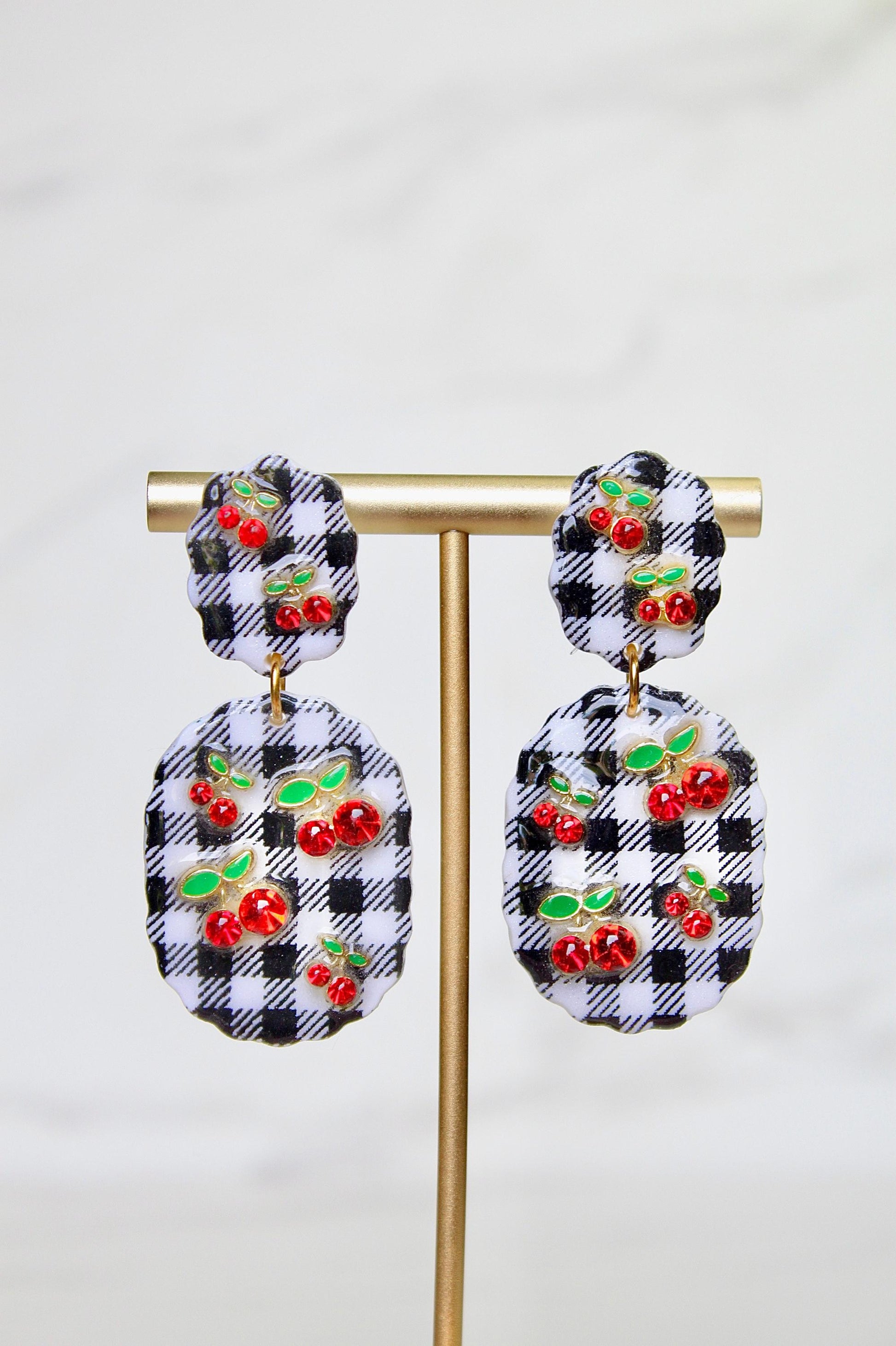 Gingham Clay Earrings in Black | Handmade Statement Earrings | Lightweight Polymer Clay Jewelry | Summer Picnic Style