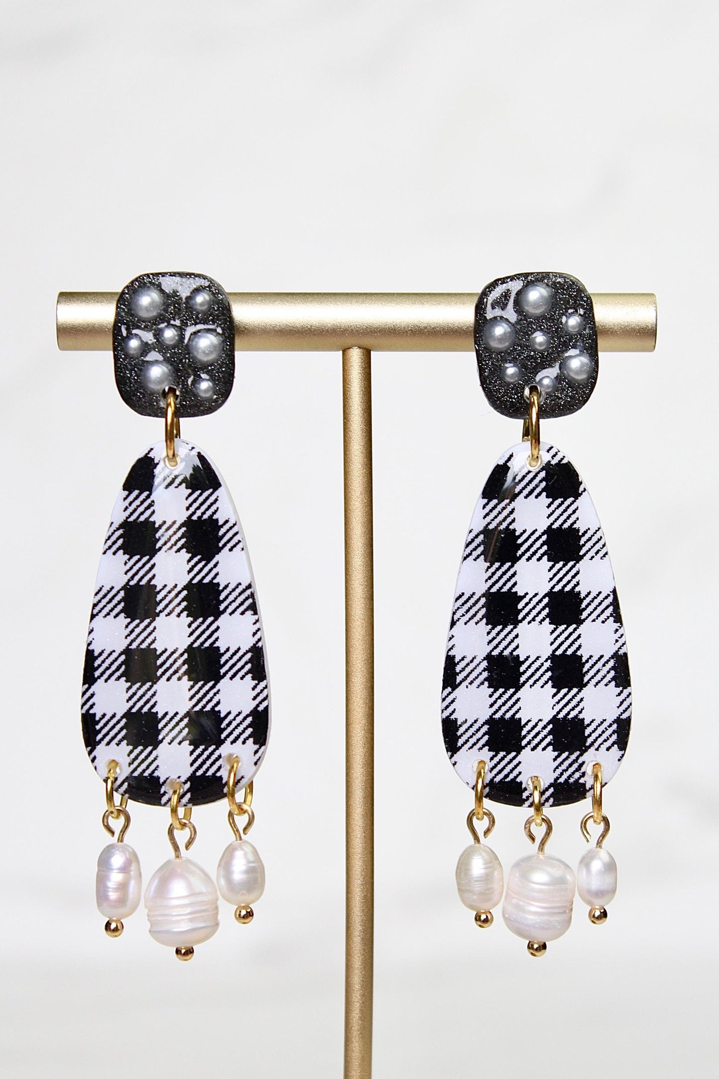 Gingham Clay Earrings in Black | Handmade Statement Earrings | Lightweight Polymer Clay Jewelry | Summer Picnic Style