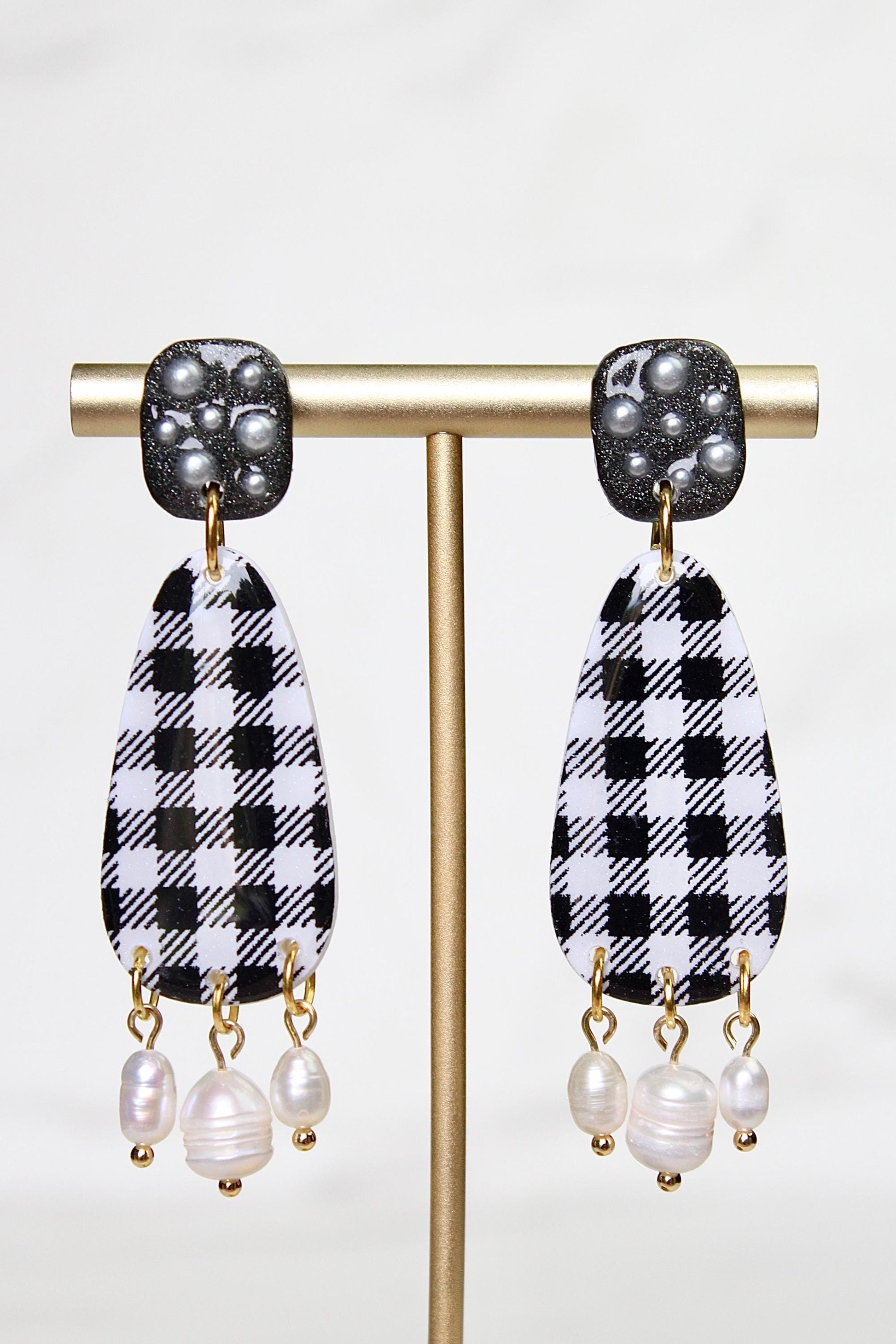 Gingham Clay Earrings in Black | Handmade Statement Earrings | Lightweight Polymer Clay Jewelry | Summer Picnic Style
