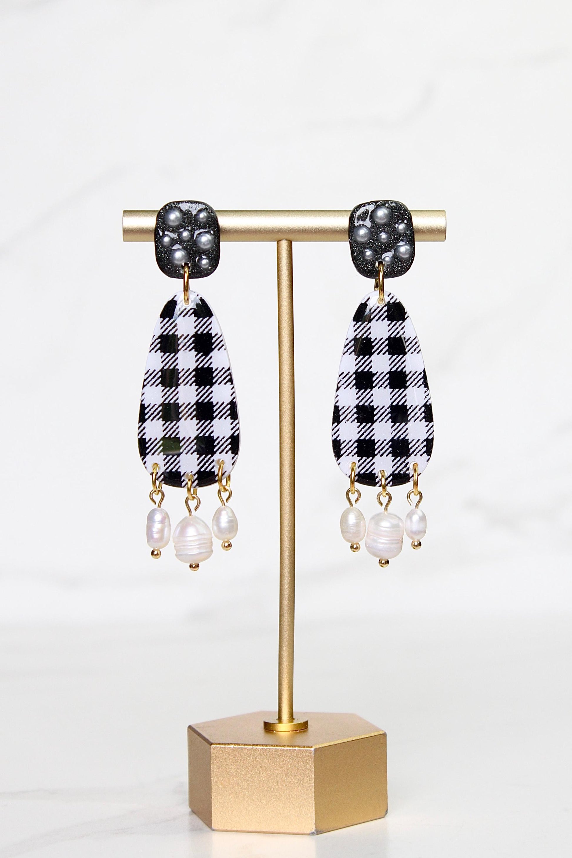 Gingham Clay Earrings in Black | Handmade Statement Earrings | Lightweight Polymer Clay Jewelry | Summer Picnic Style