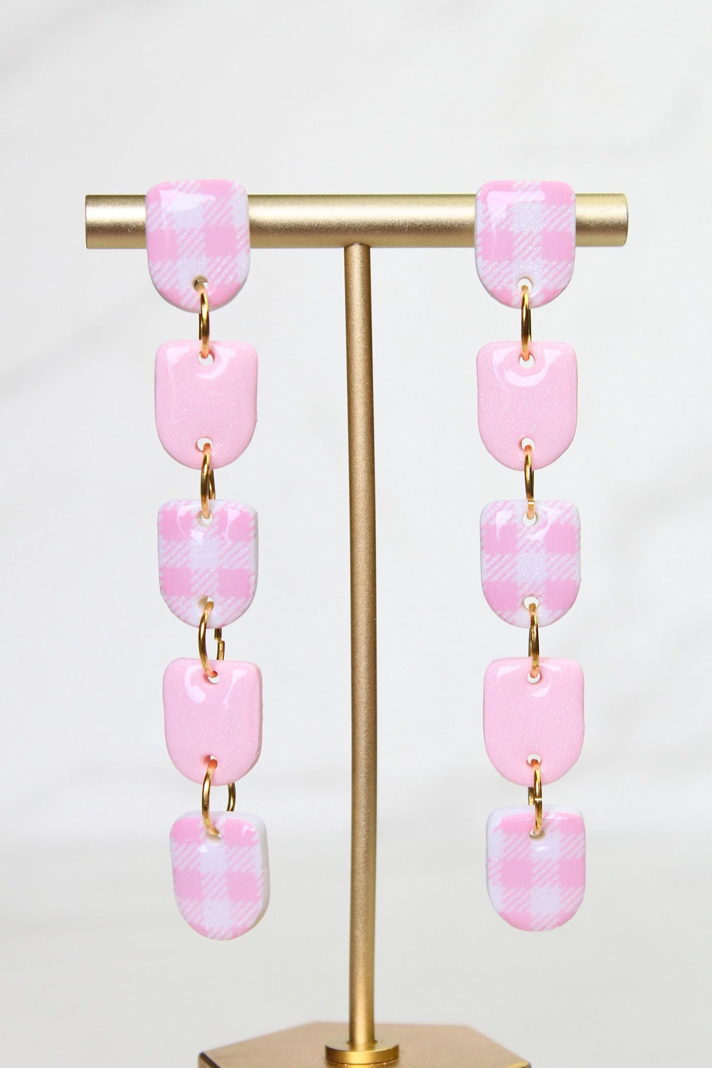 Gingham Clay Earrings in Pastel Pink | Handmade Statement Earrings | Lightweight Polymer Clay Jewelry | Summer Picnic Style