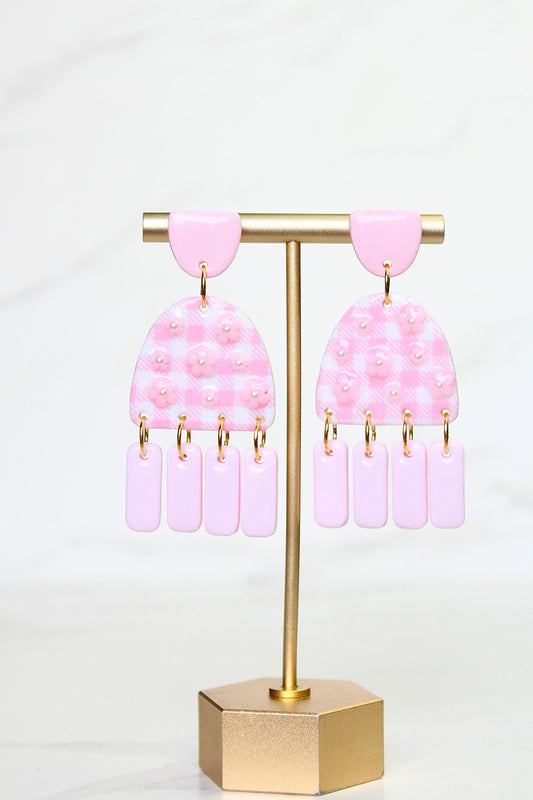 Gingham Clay Earrings in Pastel Pink | Handmade Statement Earrings | Lightweight Polymer Clay Jewelry | Summer Picnic Style