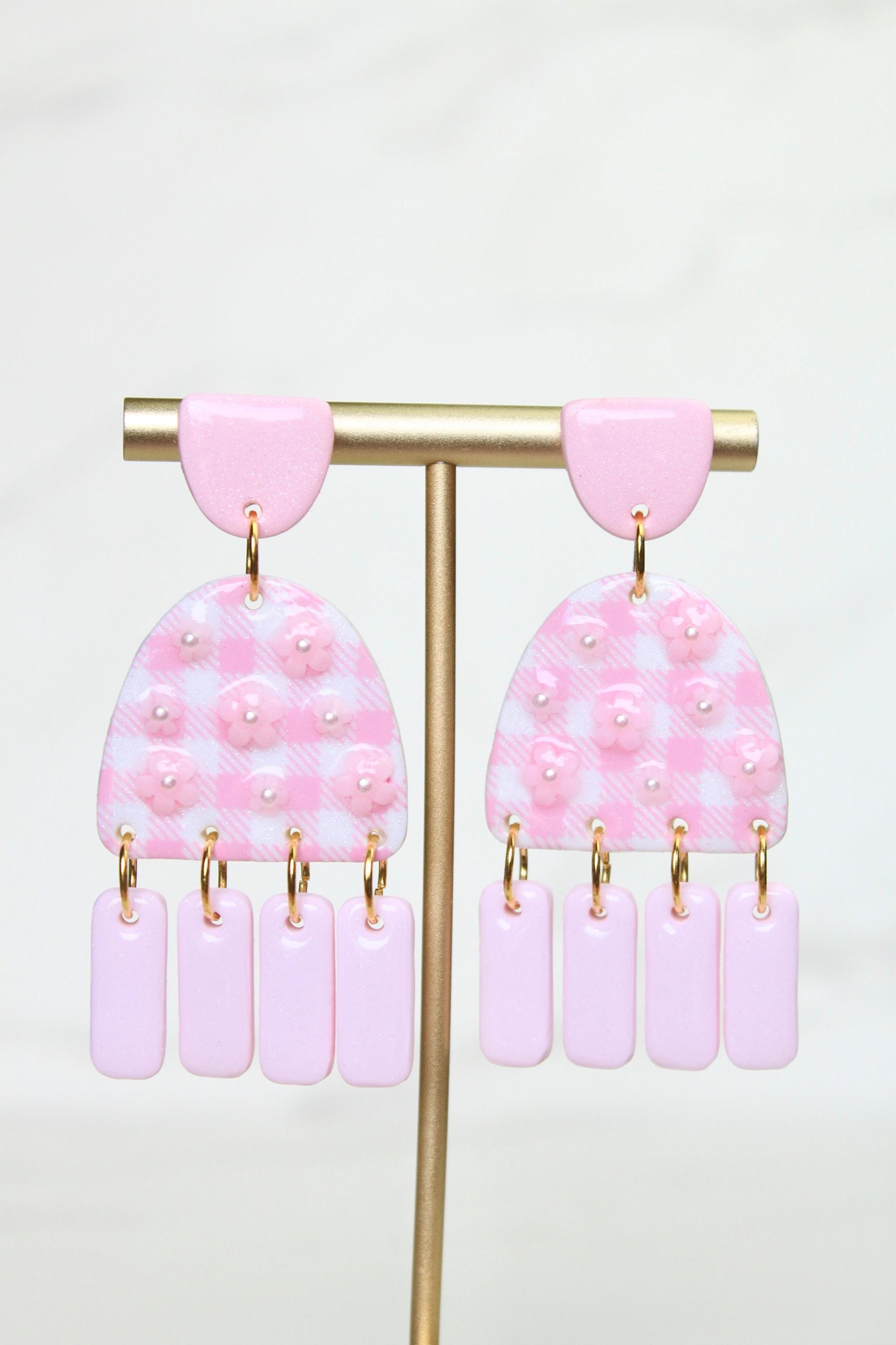 Gingham Clay Earrings in Pastel Pink | Handmade Statement Earrings | Lightweight Polymer Clay Jewelry | Summer Picnic Style
