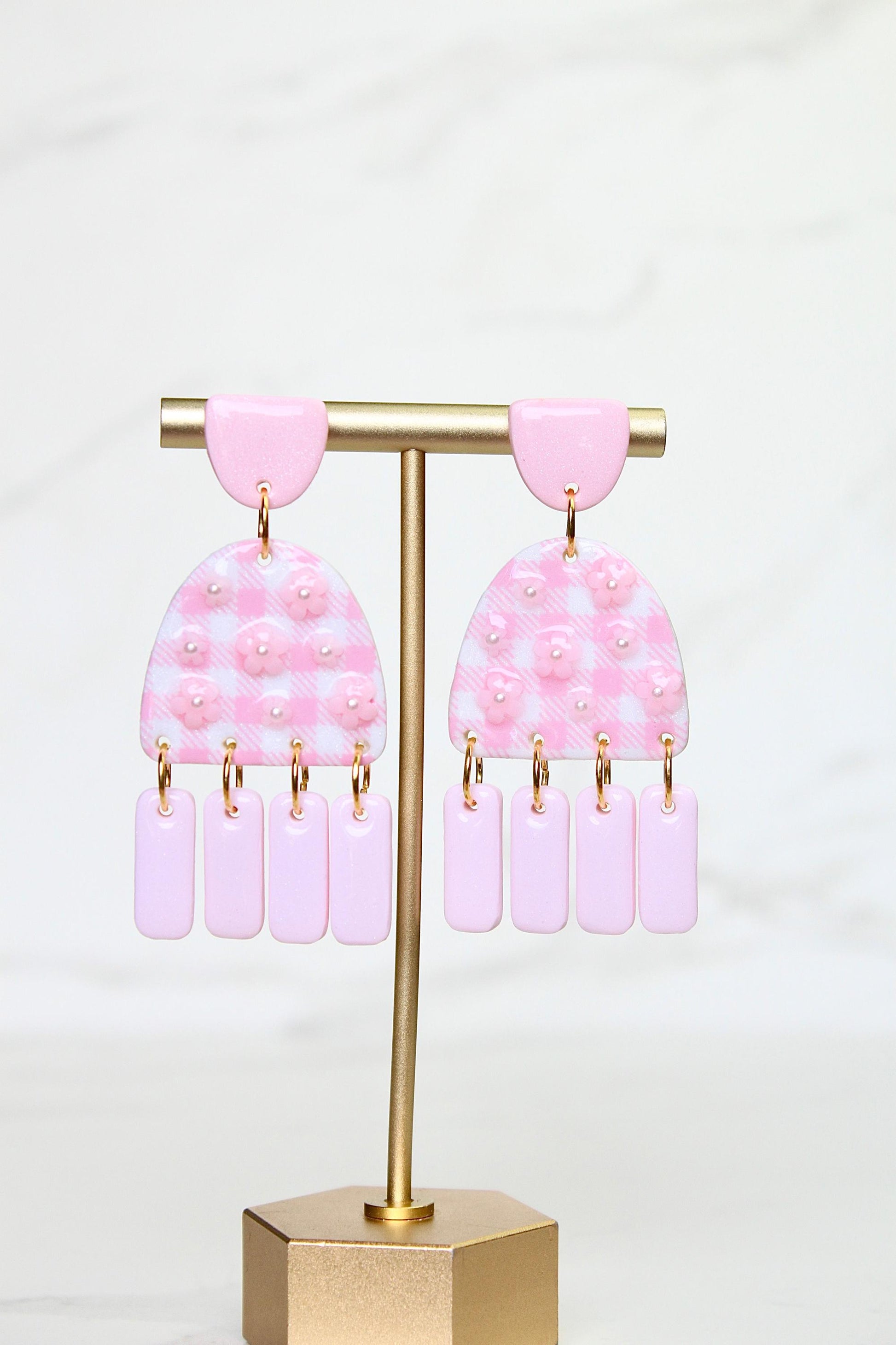Gingham Clay Earrings in Pastel Pink | Handmade Statement Earrings | Lightweight Polymer Clay Jewelry | Summer Picnic Style