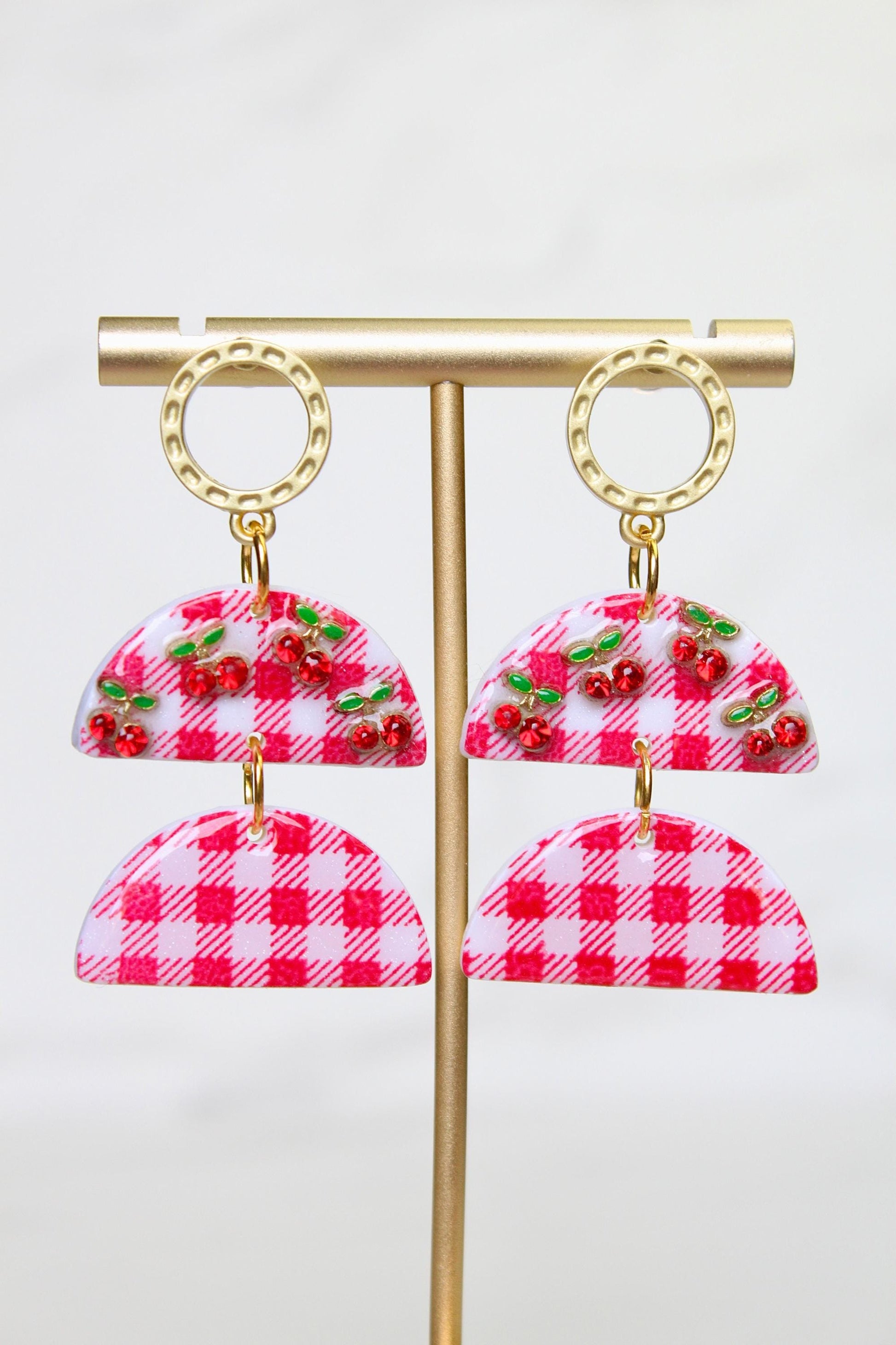 Gingham Clay Earrings in Red | Handmade Statement Earrings | Lightweight Polymer Clay Jewelry | Summer Picnic Style