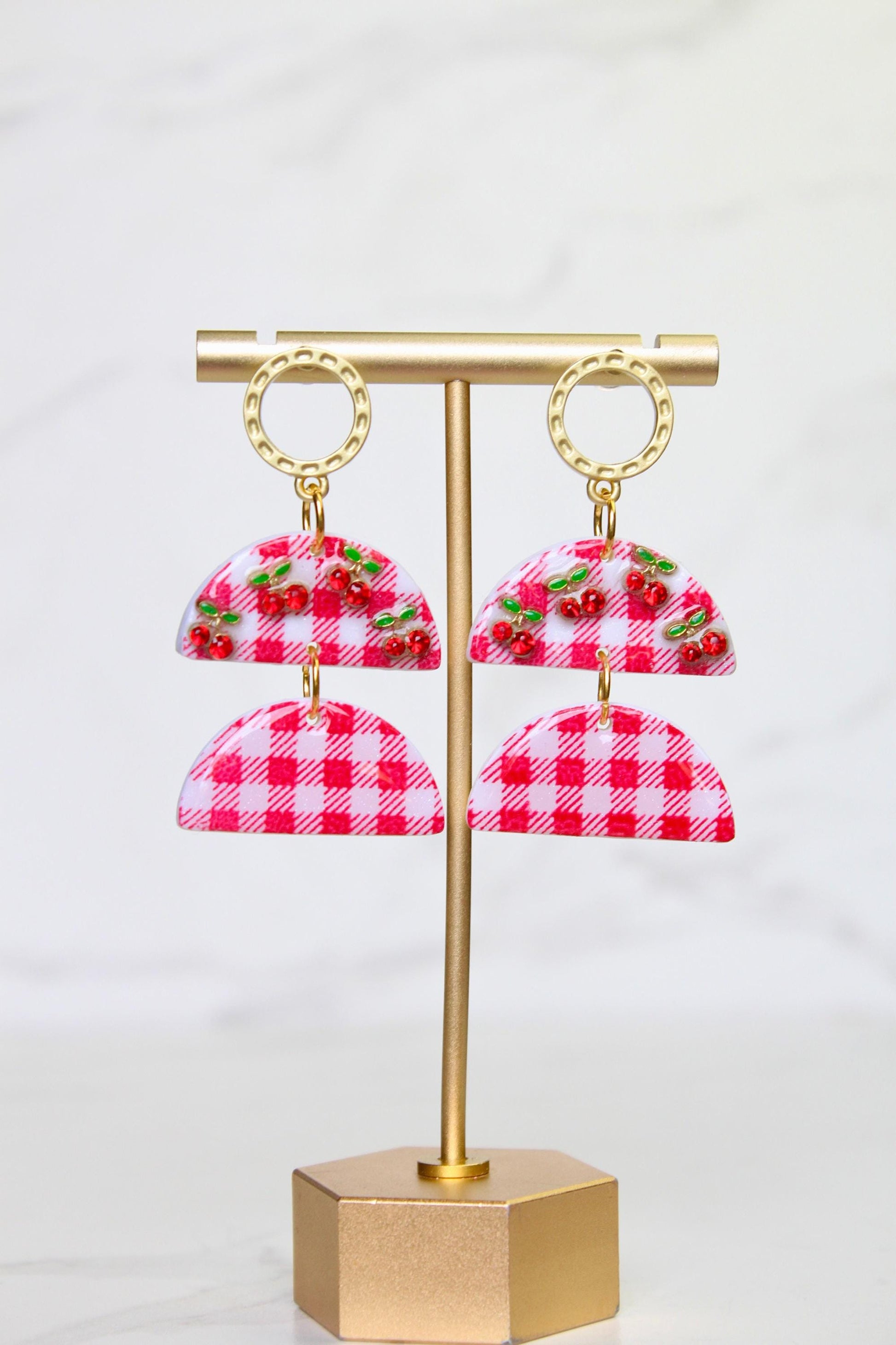 Gingham Clay Earrings in Red | Handmade Statement Earrings | Lightweight Polymer Clay Jewelry | Summer Picnic Style