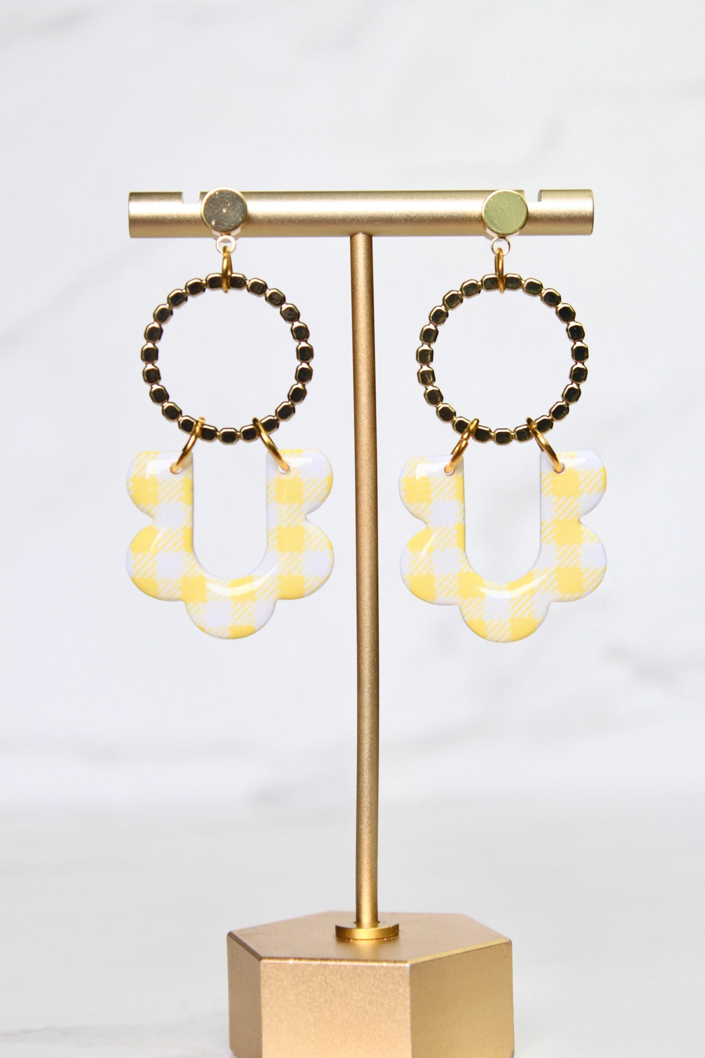 Gingham Clay Earrings in Pastel Yellow | Handmade Statement Earrings | Lightweight Polymer Clay Jewelry | Summer Picnic Style