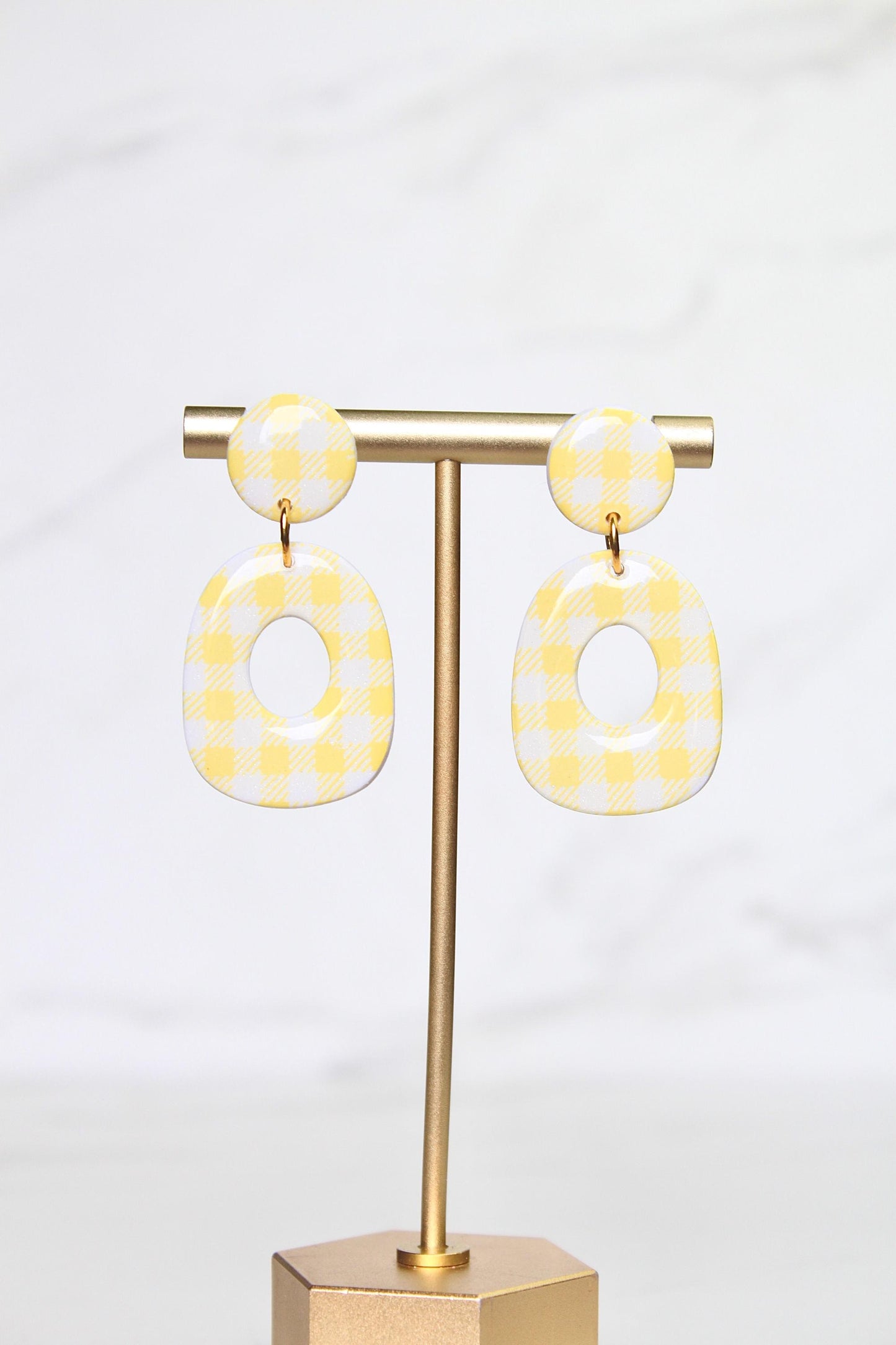 Gingham Clay Earrings in Pastel Yellow | Handmade Statement Earrings | Lightweight Polymer Clay Jewelry | Summer Picnic Style