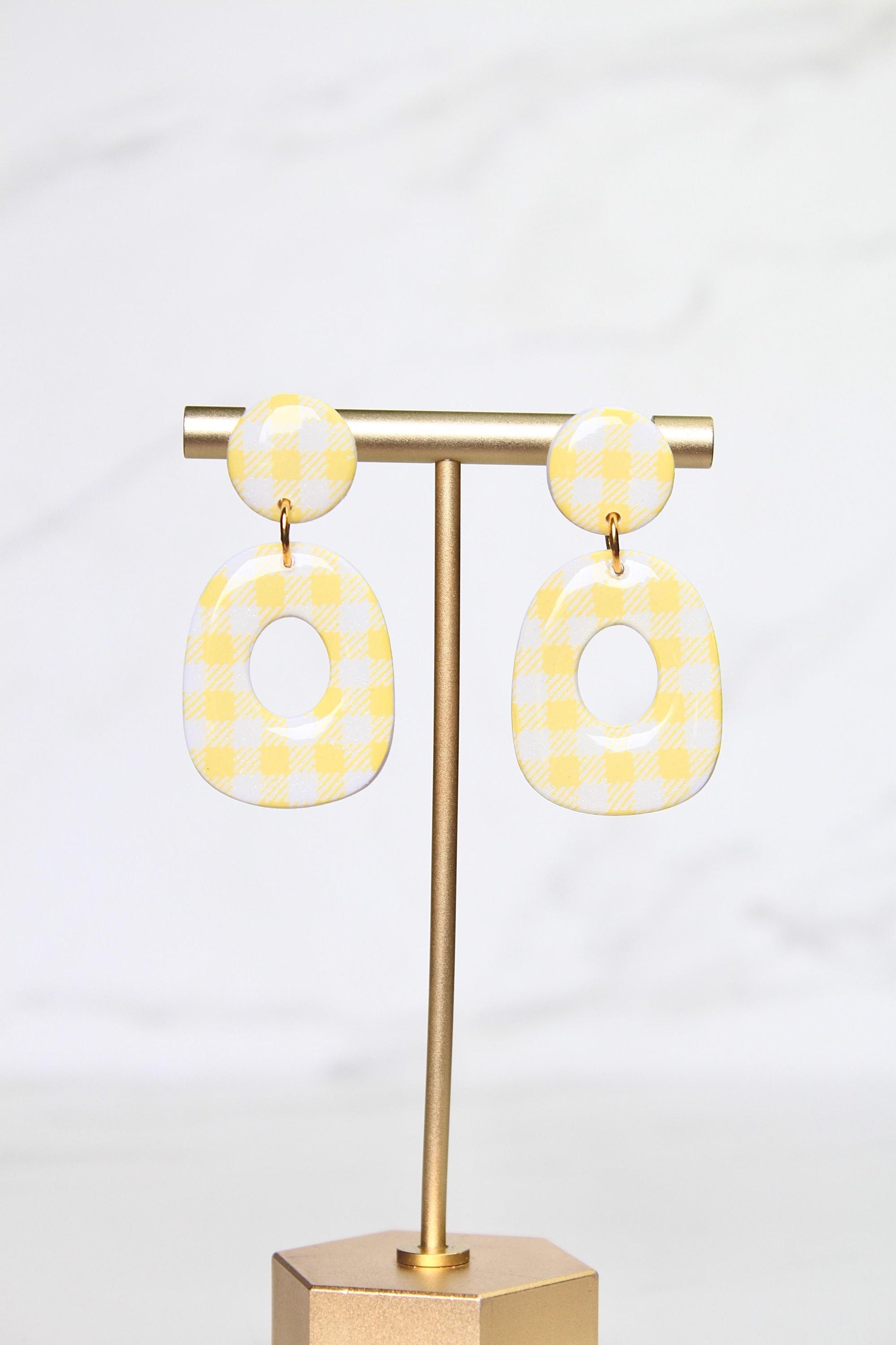 Gingham Clay Earrings in Pastel Yellow | Handmade Statement Earrings | Lightweight Polymer Clay Jewelry | Summer Picnic Style