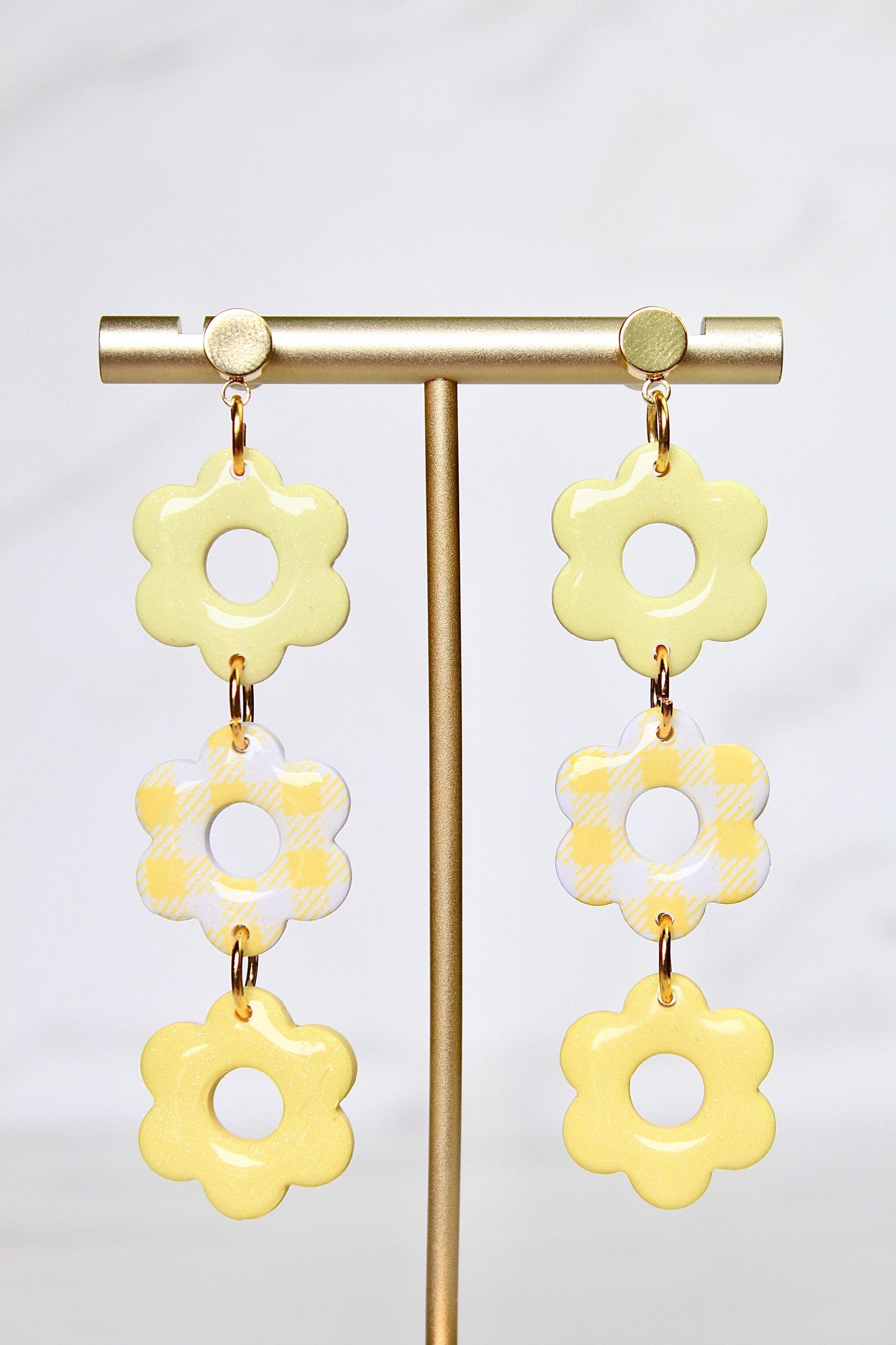 Gingham Clay Earrings in Pastel Yellow | Handmade Statement Earrings | Lightweight Polymer Clay Jewelry | Summer Picnic Style