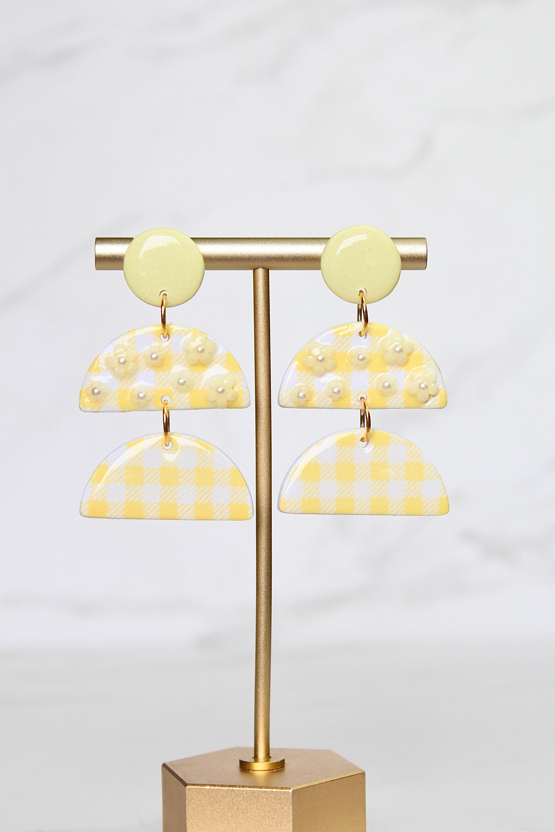 Gingham Clay Earrings in Pastel Yellow | Handmade Statement Earrings | Lightweight Polymer Clay Jewelry | Summer Picnic Style